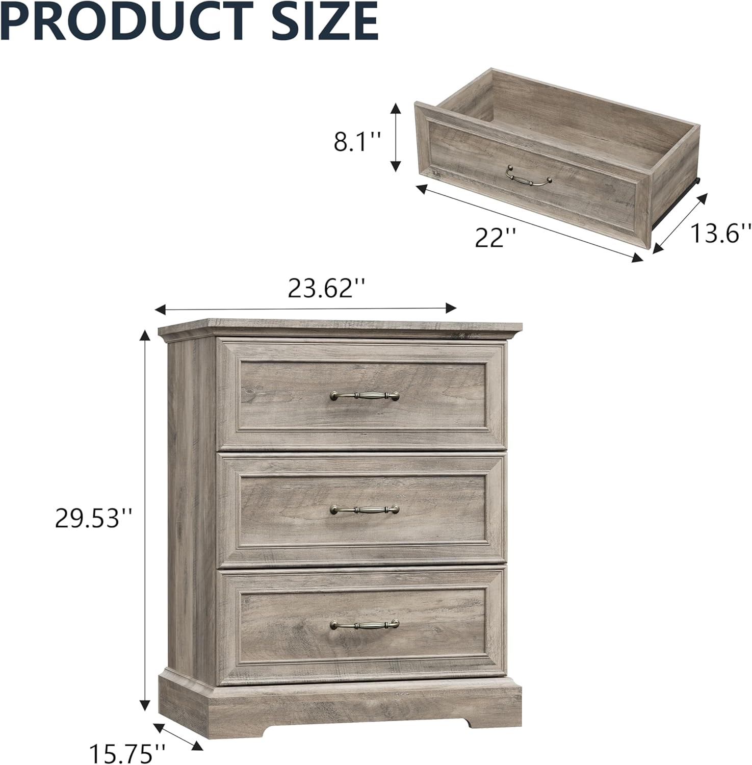 Nightstand Set of 2,24" Wide End Table with 3 Large Drawers & Metal Handles,Rustic Farmhouse Wood Small Dresser,Bedside Table,Modern Chest of Drawers for Bedroom,Living Room,Grey - Image 2