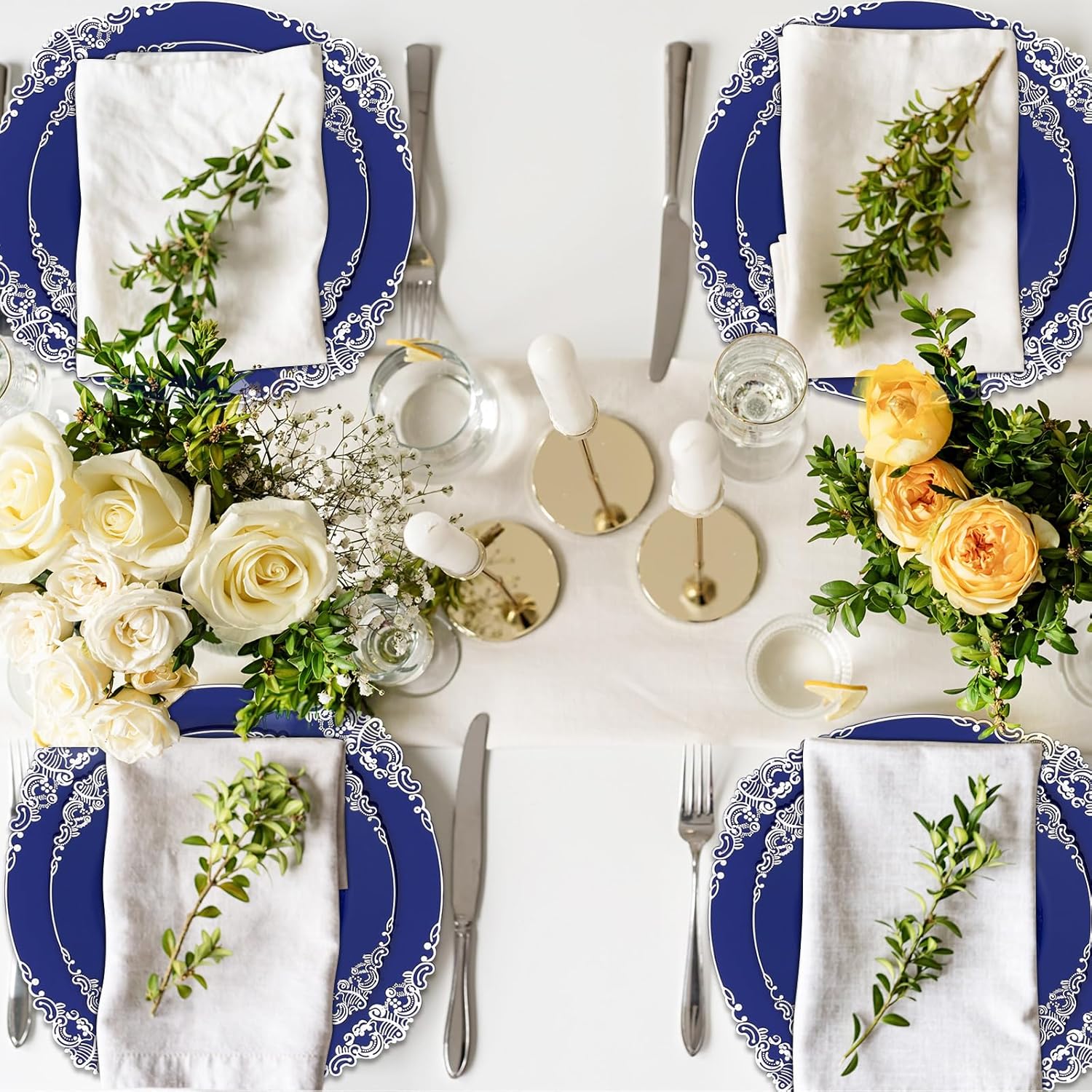 Umigy 450 Pcs Navy Blue Plastic Plates Heavy Duty Blue and Silver Disposable Dinnerware, Include 75 10. 2" Dinner Plates, 75 7. 5" dessert Dinnerware and 225 Silver Silverware for Weddings Party