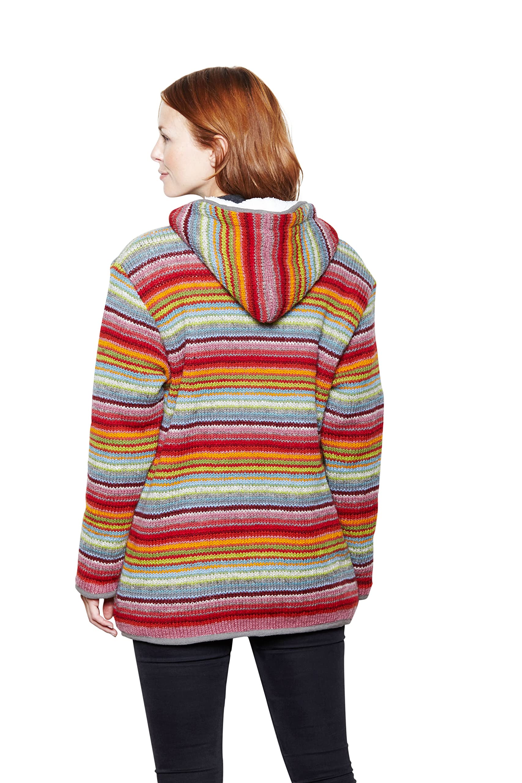Sudadera con capucha de lana con cremallera para mujer, forro polar, tejido a mano, multicolor, hecho a mano, extra cálida, Pachamama Fair Trade