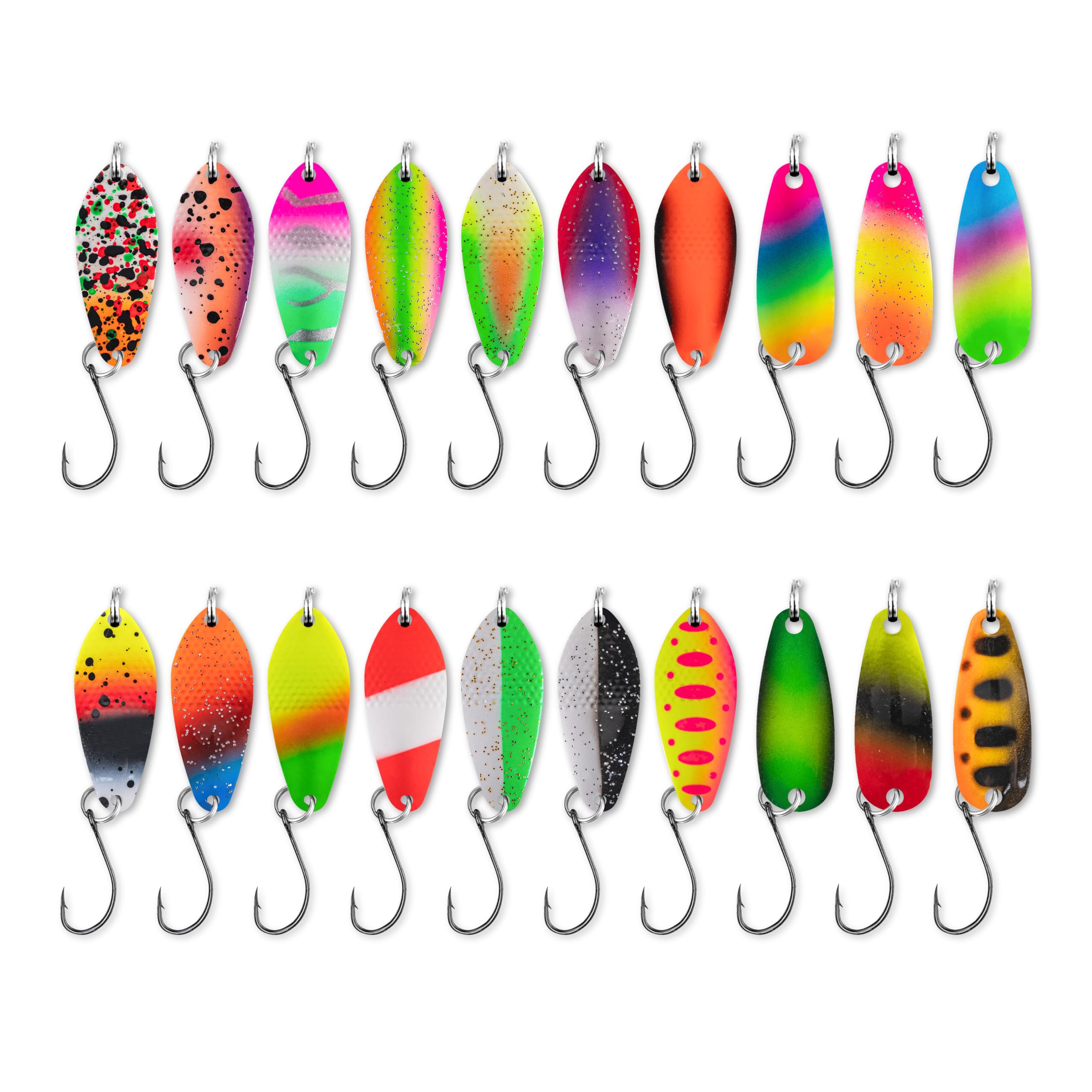 WOLFUL Spoon Lures 20-Pack Fishing Spoons Lures for Bass Trout Pike Minnow Topmouth Culter, Snag-Resistant Single Hook Design, Slow Retrieve Action for Finicky Fish