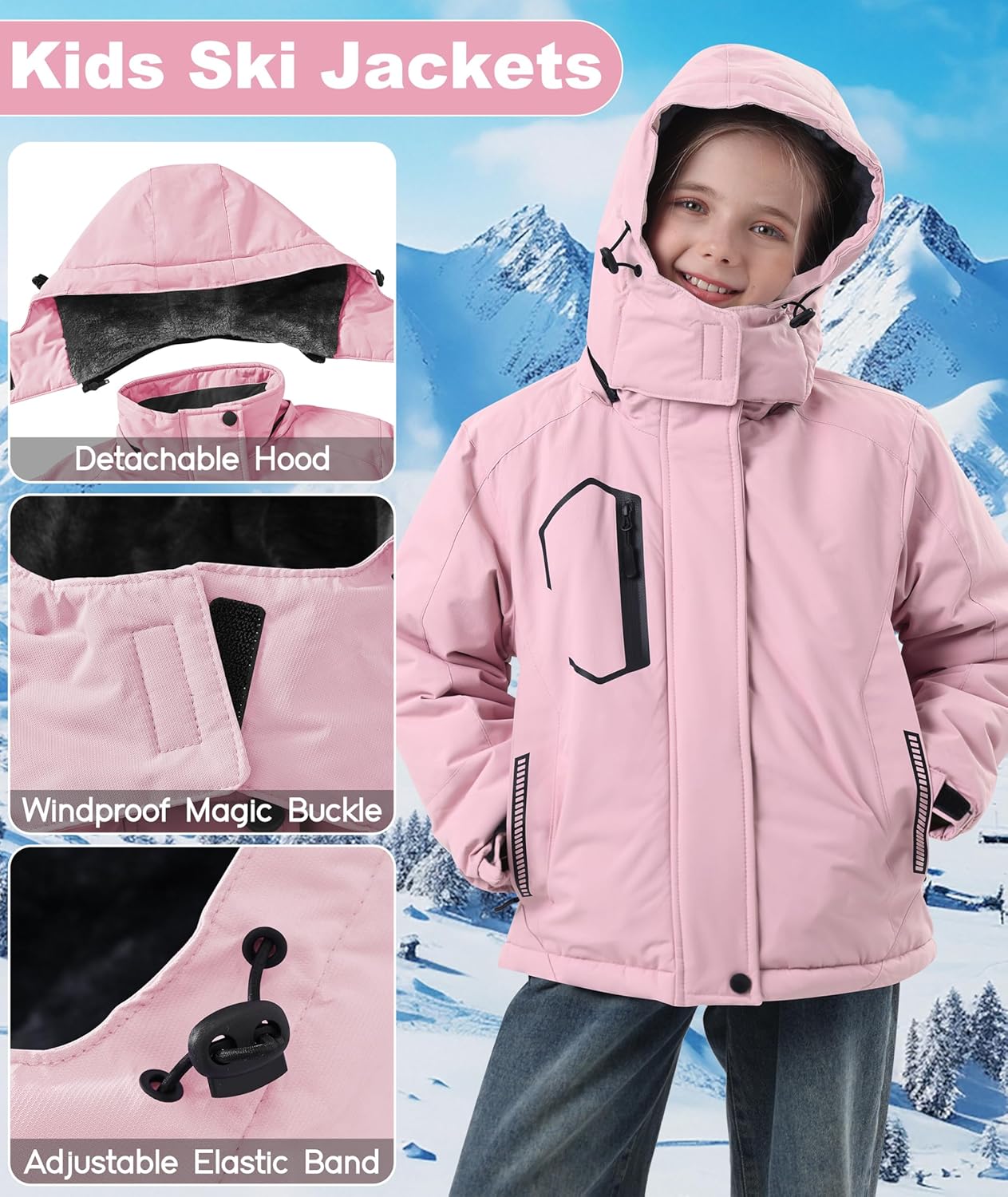 Kids Winter Jackets Warm Fleece Waterproof Snow Jacket with Zipper Pockets Detachable Hood