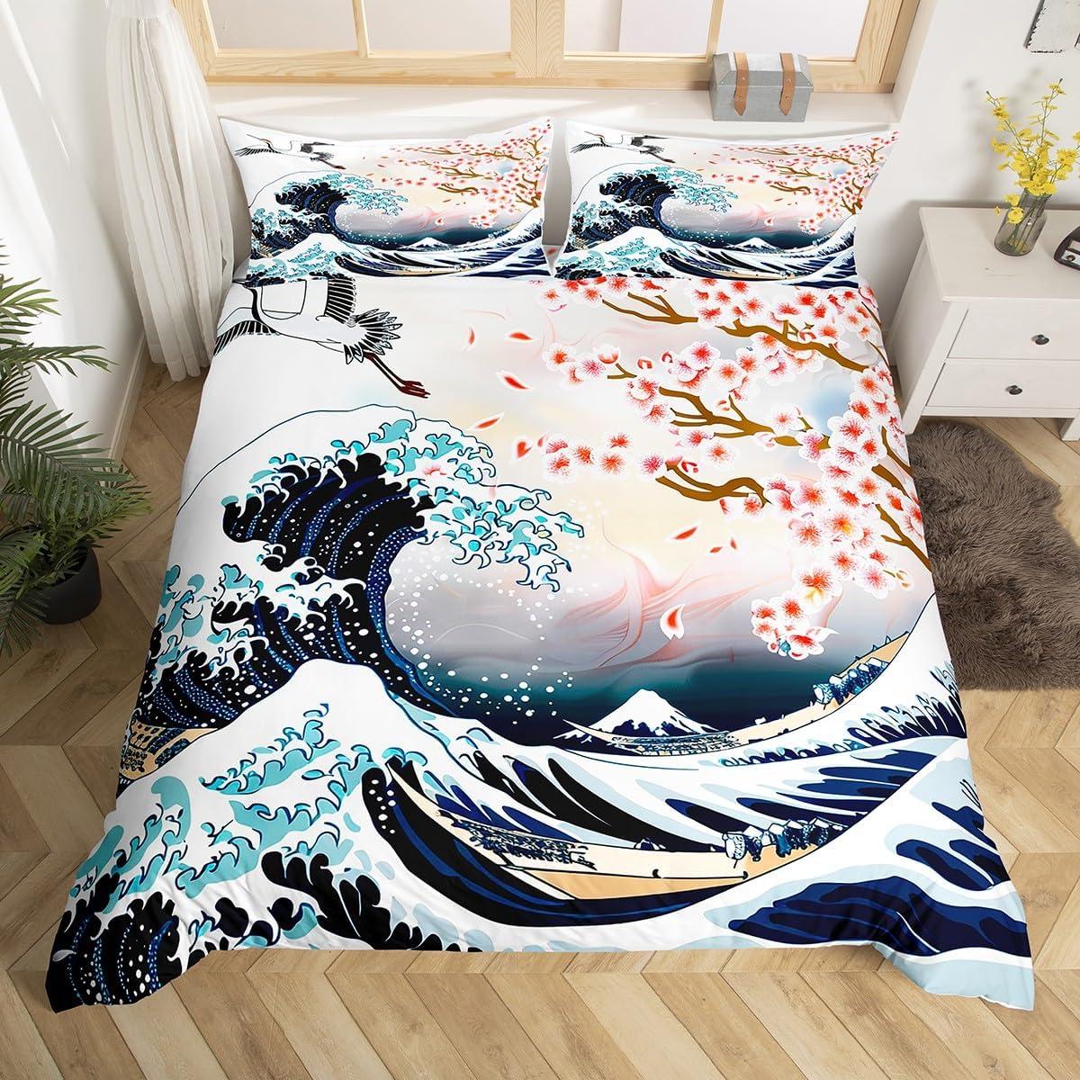 Feelyou Cherry Blossoms Bedding Set Chic Crane Duvet Cover for Kids Girls Women Ocean Wave Decor Comforter Cover Pink Japanese Ukiyoe Theme Bedspread Cover with 2 Pillowcases 3Pcs Bedding Full