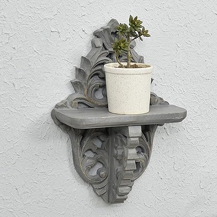 WOODENCLAVE Handcarved Solid Wood Jali Floral Design Wall Mounted Floating Shelf Wooden Wall Brackets Shelves Set for Home Living Room Decor - (Distressed Grey)