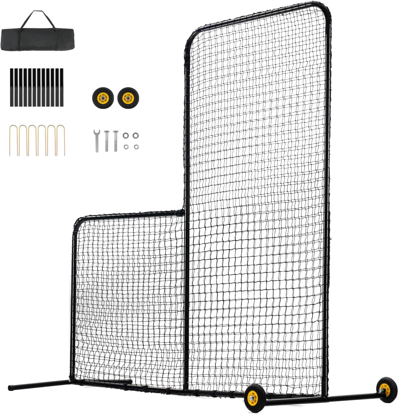 Happybuy L Screen Baseball Pitching Net for Batting Cage, 7x7 ft Softball Safety Screen, Portable Body Protector with Carry Bag, Wheels & Ground Stakes