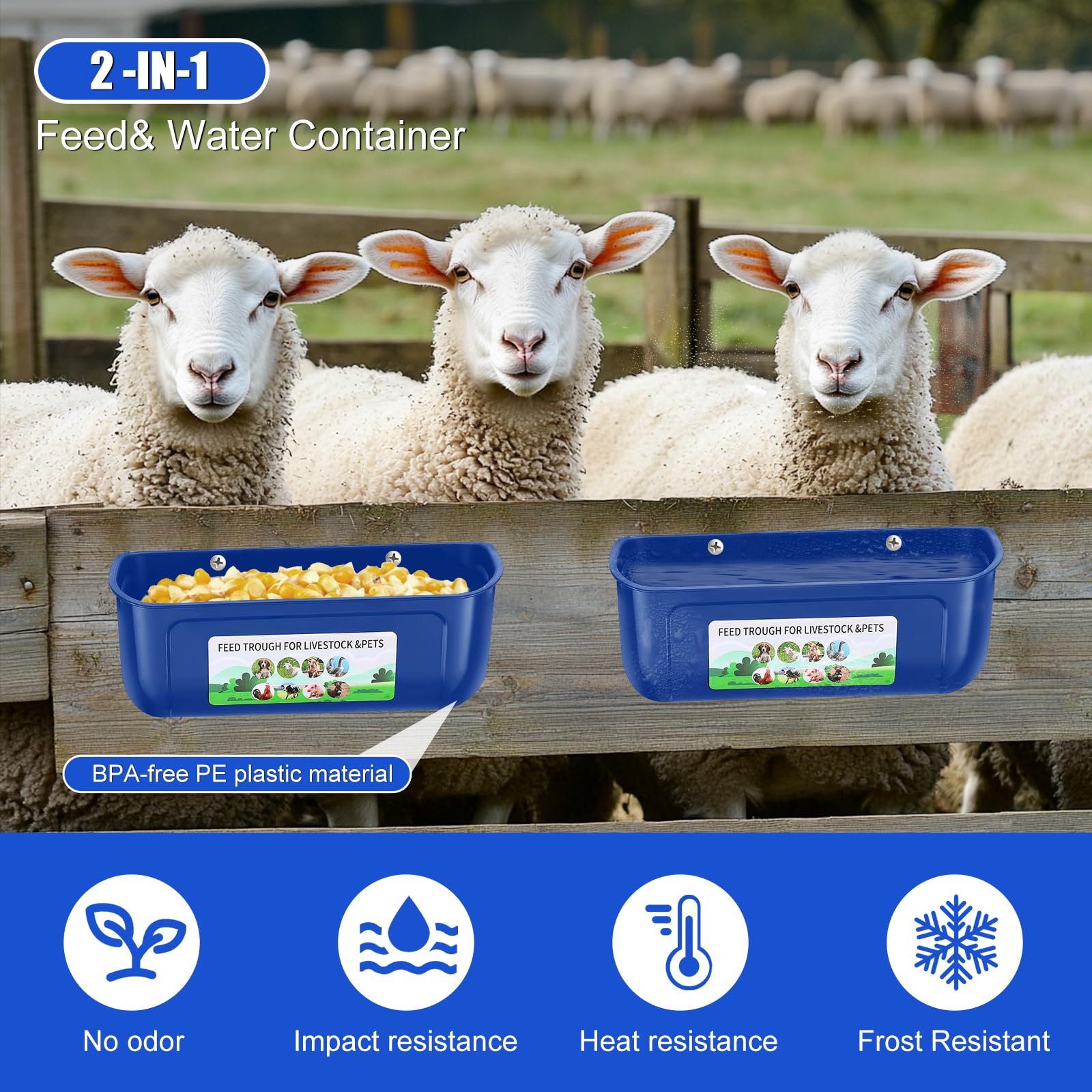 Alimentador de pollo, comedero colgante para pollo, paquete de 6 suministros de comedero de pato, cabra, cerdito, oveja, gallinero, perro, ganado, aves de corral, cubo de plástico con clips, azul