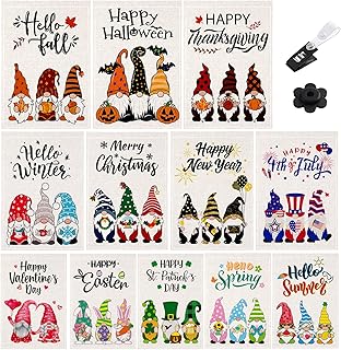 Gnome Seasonal Garden Flags Set of 12 Double Sided 12 x 18 Inch Yard Flag Small Welcome Garden Flags for Outside, Summer Fall Seasonal Flag for Outdoor Decorations Holiday Garden Flags for All Seasons