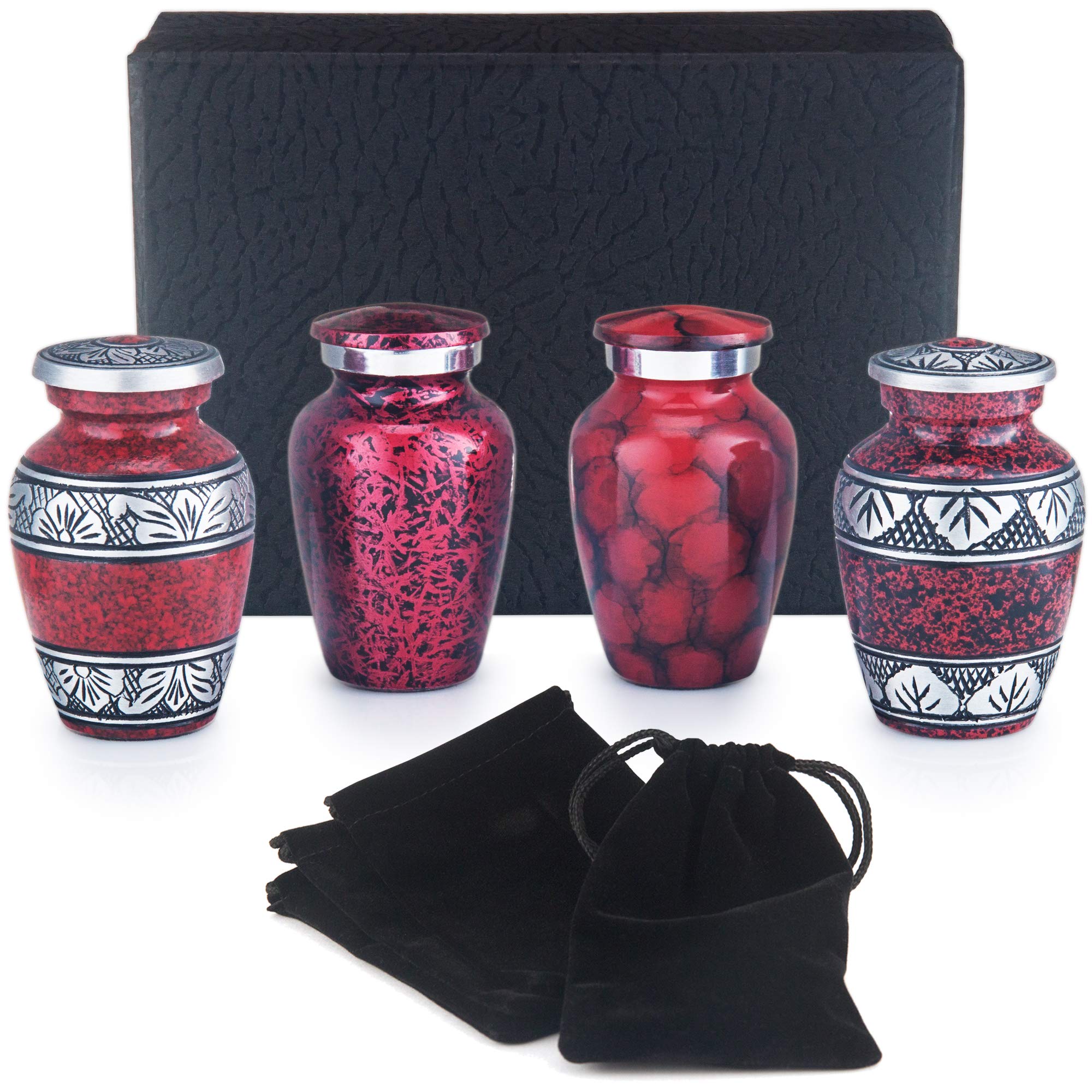 Adera DreamsSmall Cremation Urns for Human Ashes Red Mini Keepsake Urn Set of 4 - with Premium Case, Funnel and Velvet Carrying Pouches (4, Keepsake Urns)