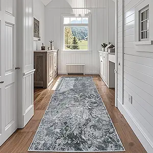 Runner Rug for Hallways Kitchen 2'6"x8' Washable Non Slip: Carpet Non Skid 8ft Entryway Rubber Backed 8 Feet Neutral Abstract Modern Rug Low Pile Pet Friendly Indoor Black
