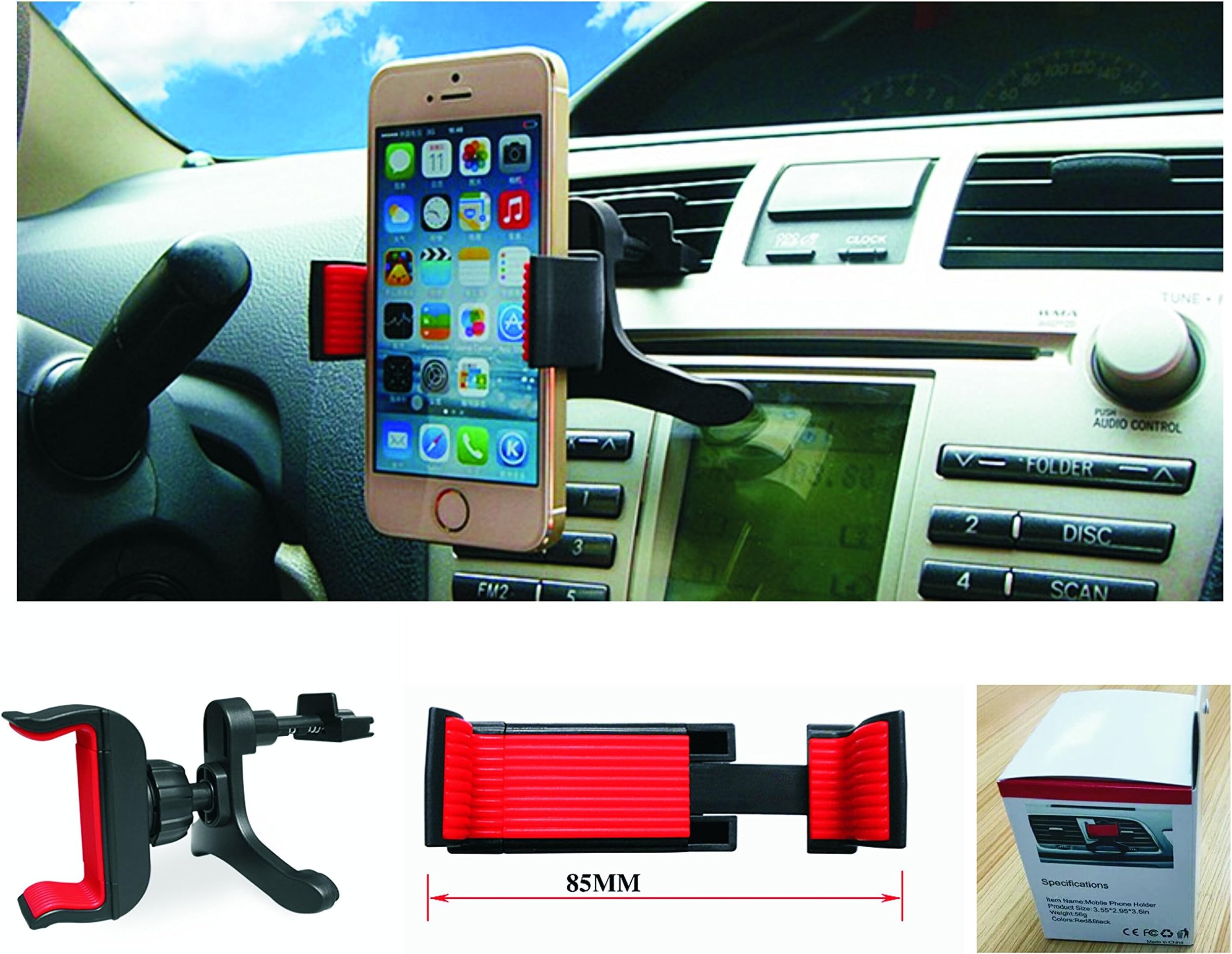 WATER ASLEEP Air Vent Smartphone Car Mount Holder Cradle for Iphone 6s plus 7 5s 4s SE Samsung Galaxy S7, 6,Edge, S5 4 3 ,Note 5 4 3 HTC M9 8 LG5 4 3 and other Smartphones (Retail Package) Black+Red