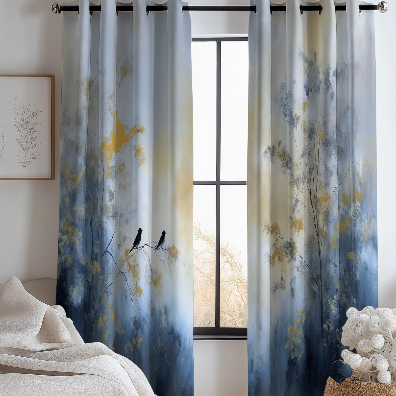 Grau Blickdicht Vorhänge für Wohnzimmer Gemälde Baum Vogel Verdunklungsvorhang mit Ösen, Blickdicht Gardinen Thermovorhang für Schlafzimmer Deko 2er Set, H 260 x B 140 cm