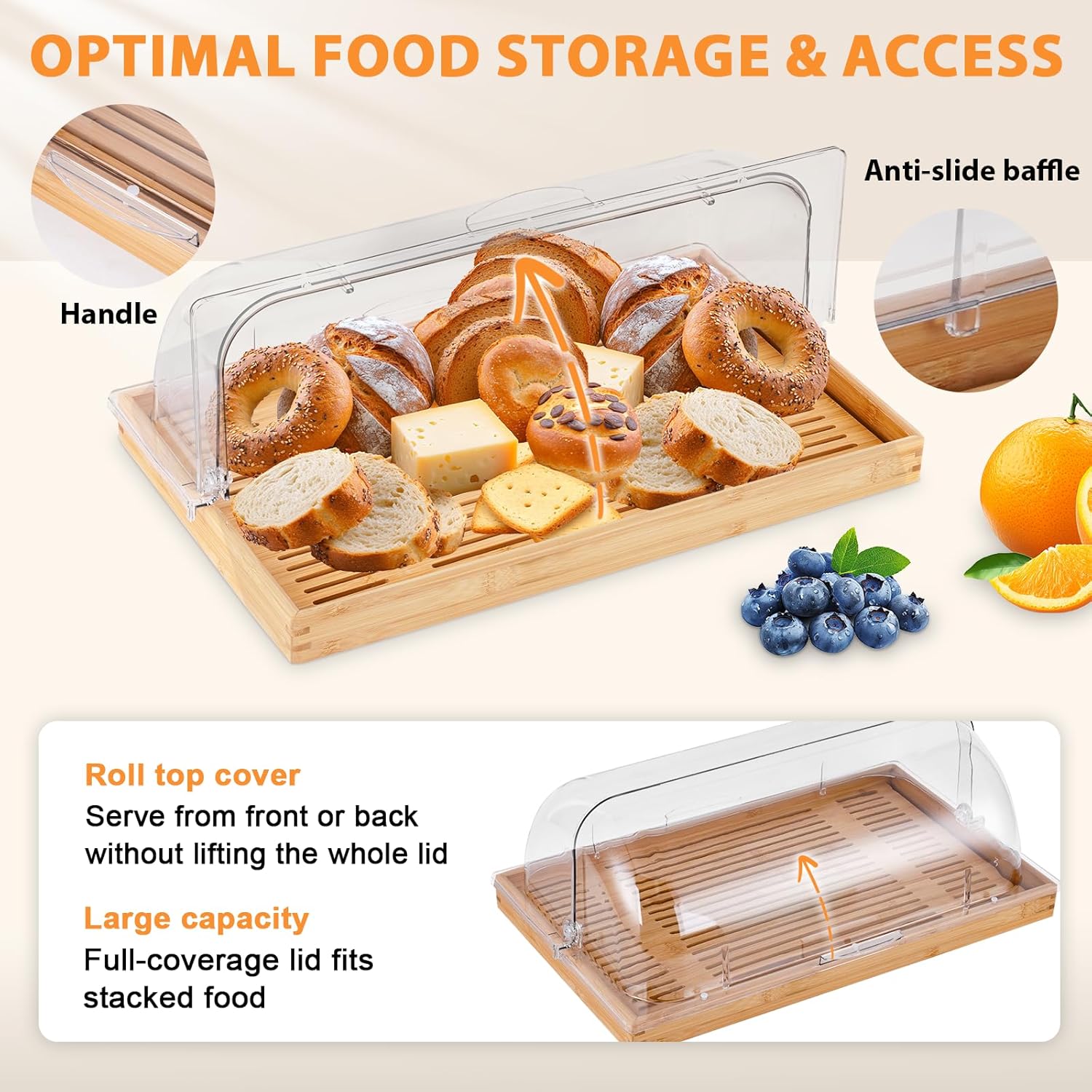 Cookie Serving Tray with Lid Dessert Case Display with Bamboo Tray & Roll Top Food Clear Cover, Rectangle Cake Stand for Bakery, Bread Shop, Kitchen, Birthday, Wedding, Buffet