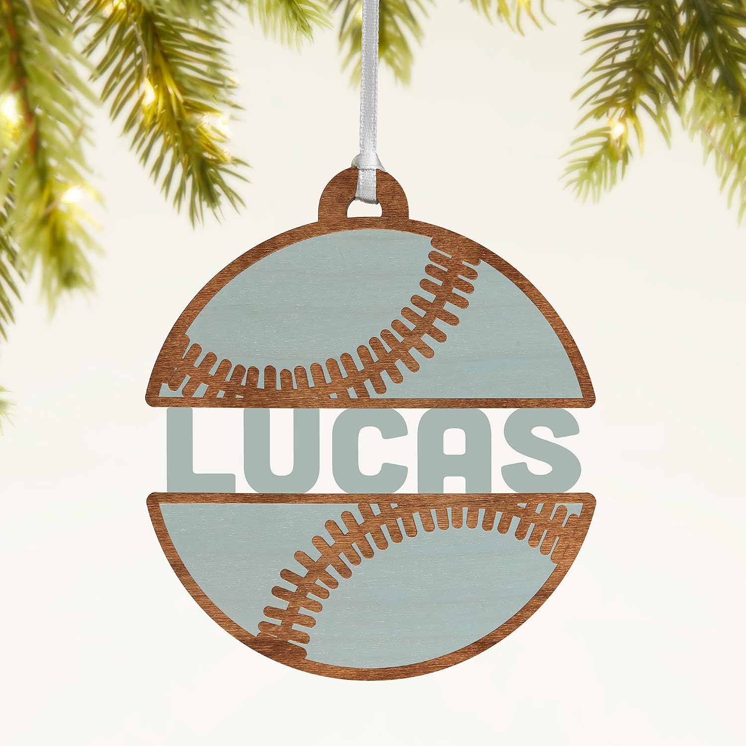 Personalization Universe Baseball Personalized Wood Ornament - Blue Stained Alderwood - Christmas Decorations & Gifts - Engraved Name & Optional Year - 3.75" Diameter - Hanging Ribbon Included