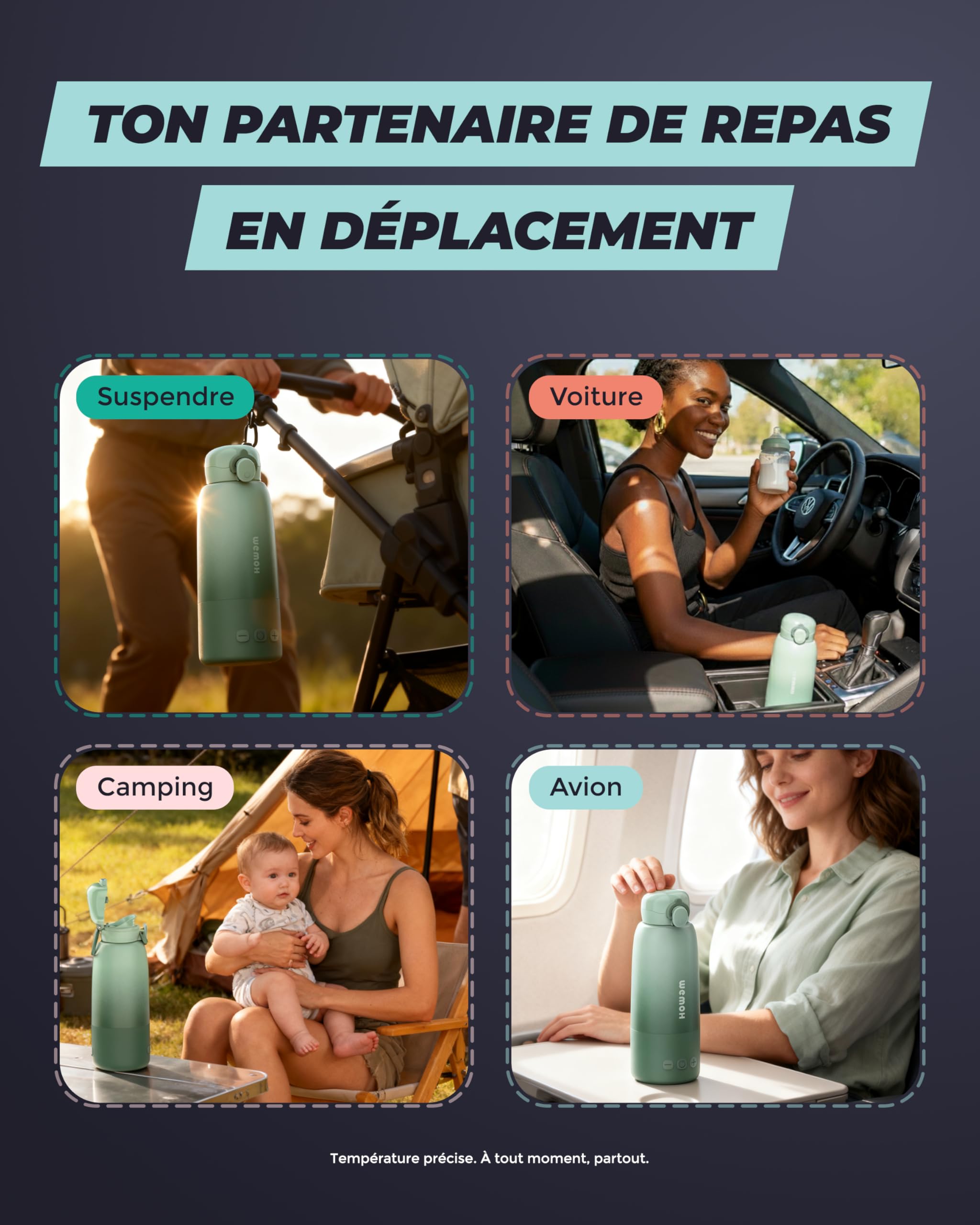 Chauffe-biberon portable Wemoh avec auto-nettoyage, contrôle de température précis, 8 chauffages par charge (450ml) Chauffage rapide 100W pour lait maternel, préparation et eau