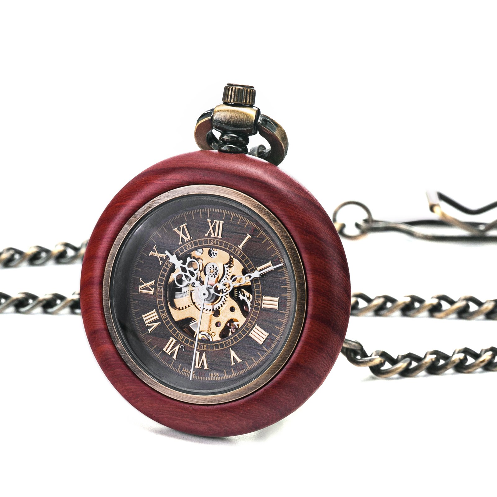 TREEWETO Montre de poche mécanique automatique en bois vintage pour homme et femme, cadran squelette steampunk avec chaîne + boîte cadeau
