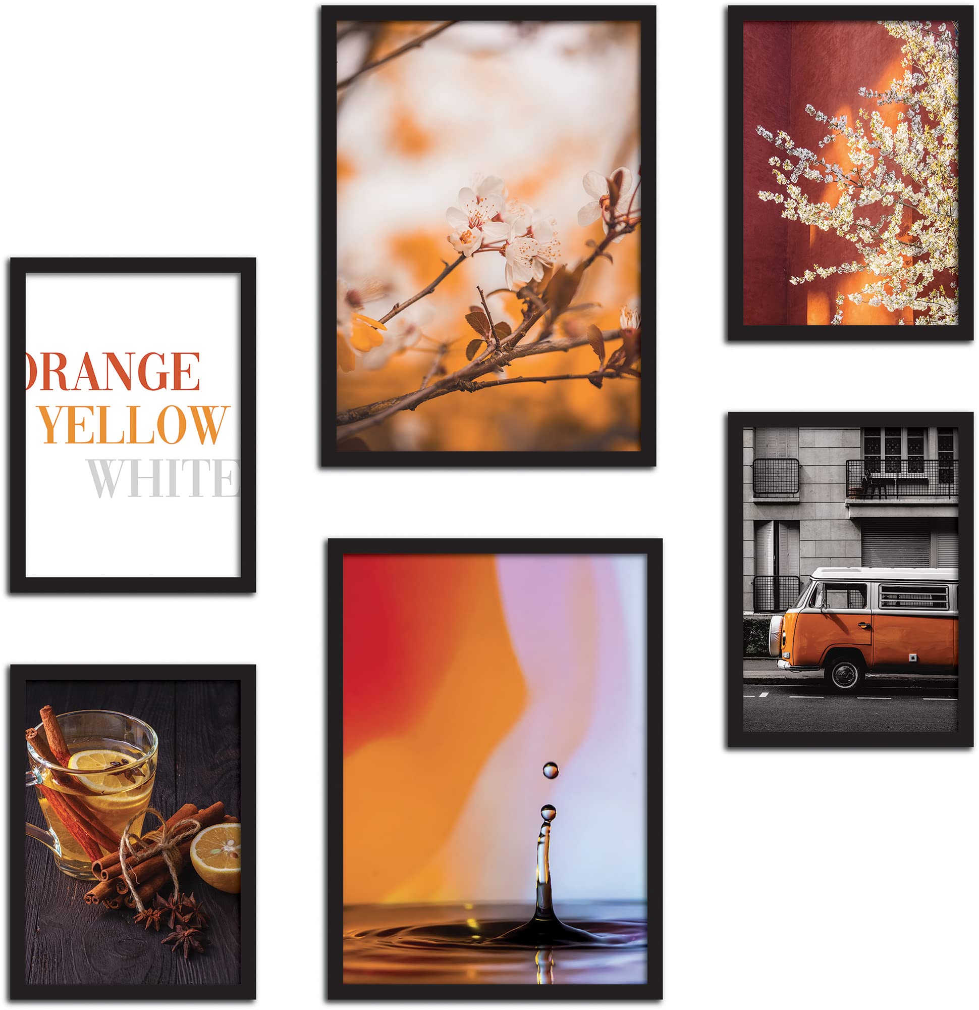 CREARREDASet of Wall Prints Orange, yellow & White - Without Frames - Wall Decorations for Home and Office - Certified Materials, Made in Italy - Matching Posters 2 x A3 & 4 x A4 B3-30x42 & 21x38 cm