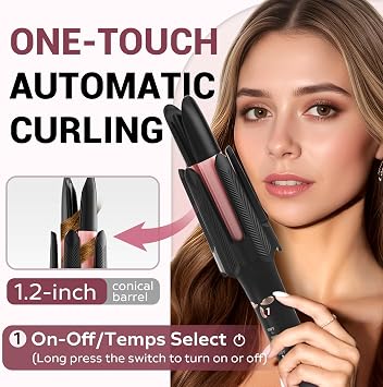 Auto Rotating Hair Curler - 4 Temperature and Timer Settings, Automatic Curling Iron with Automatic Shut-Off, Anti-Tangle and Scalding, Curling Wand for Long Lasting Curls (Black)