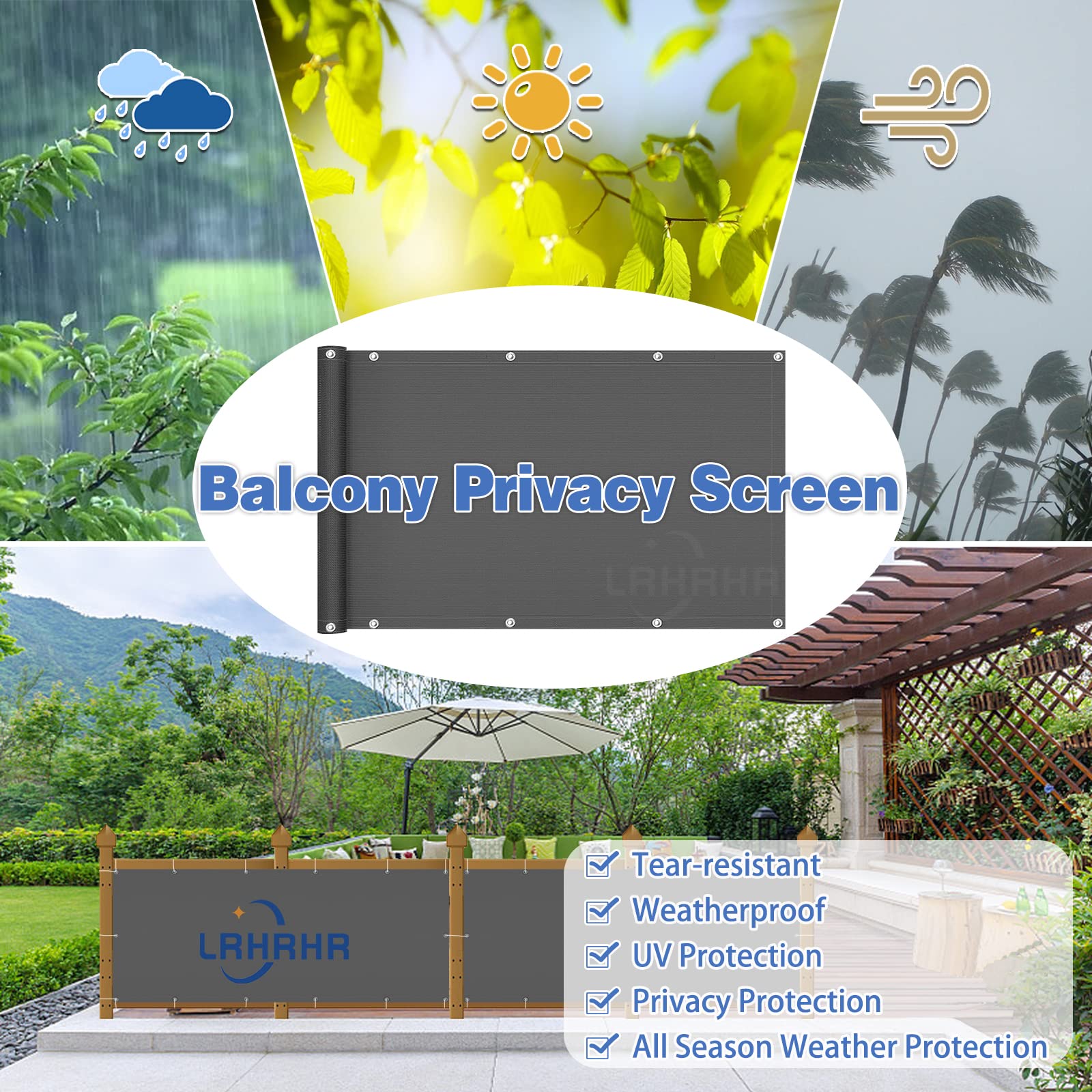Osłona balkonowa, ochrona przed wzrokiem na patio, wodoodporna blokada promieniowania UV, osłona balkonowa z opaskami kablowymi i liną, ciemnoszara, 100 x 600 cm