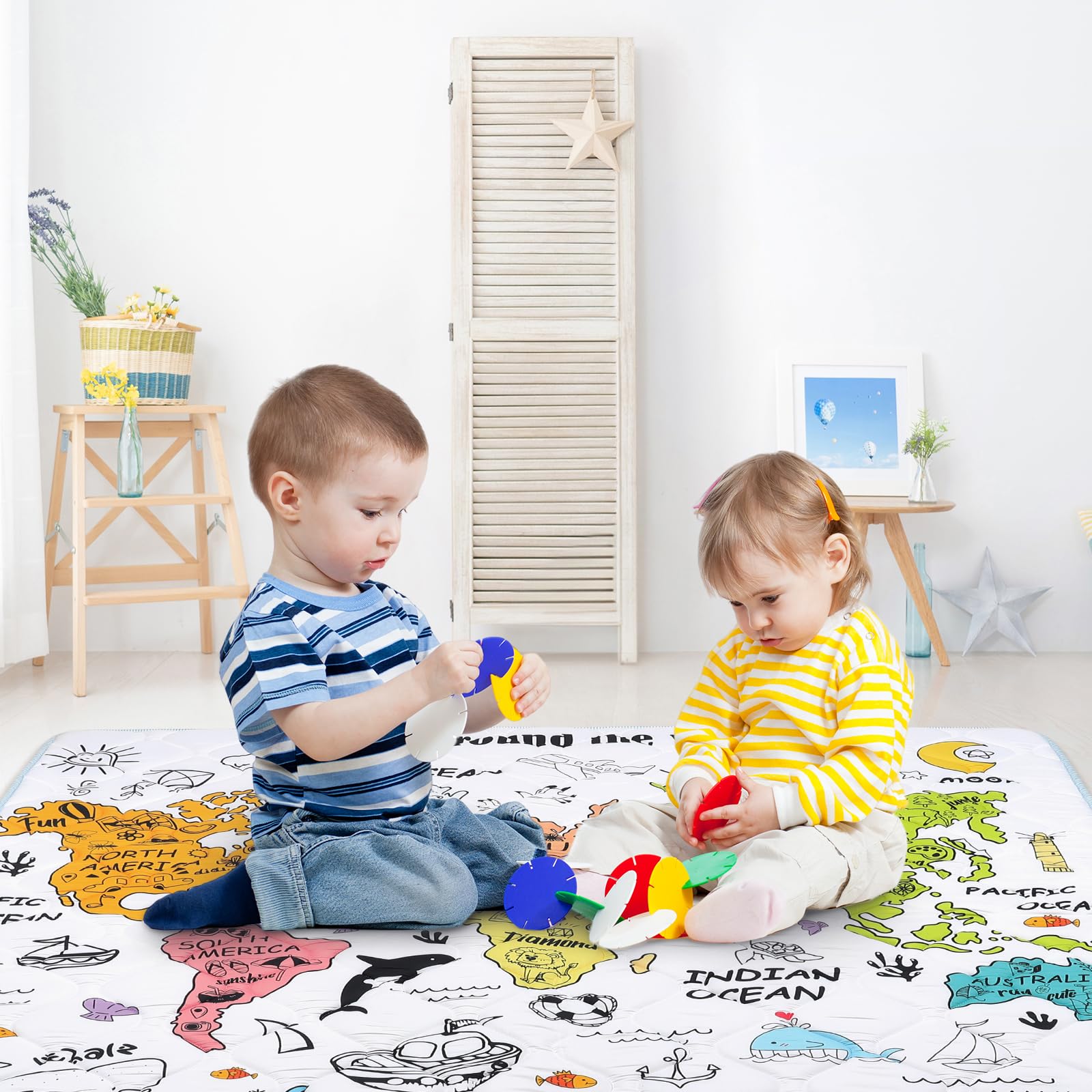Tapis de Jeux Bebe Pliable, Épaissi 2cm Tapis d'eveil Bebe 127×127cm, Lavable en Machine, Antidérapant Tapis sol Bebe Tapis Chambre Enfant Applicable à Intérieur/Extérieur/Clôture(Carte du monde)