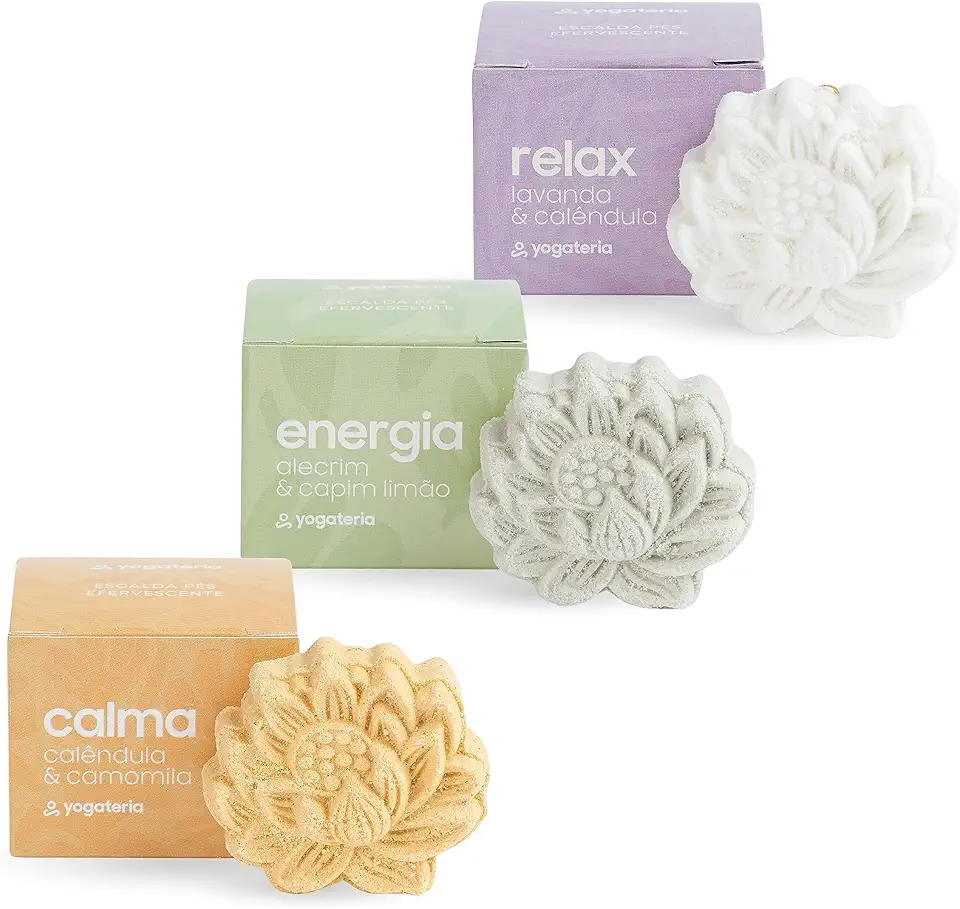 YOGATERIA Kit Escalda Pés Efervescentes | Sais para os pés | Argilas, Ervas e Óleos Essenciais | 100% vegano e Natural e Livre de Lauril 50g / cx (Kit 3 - Relax | Energia | Calma)