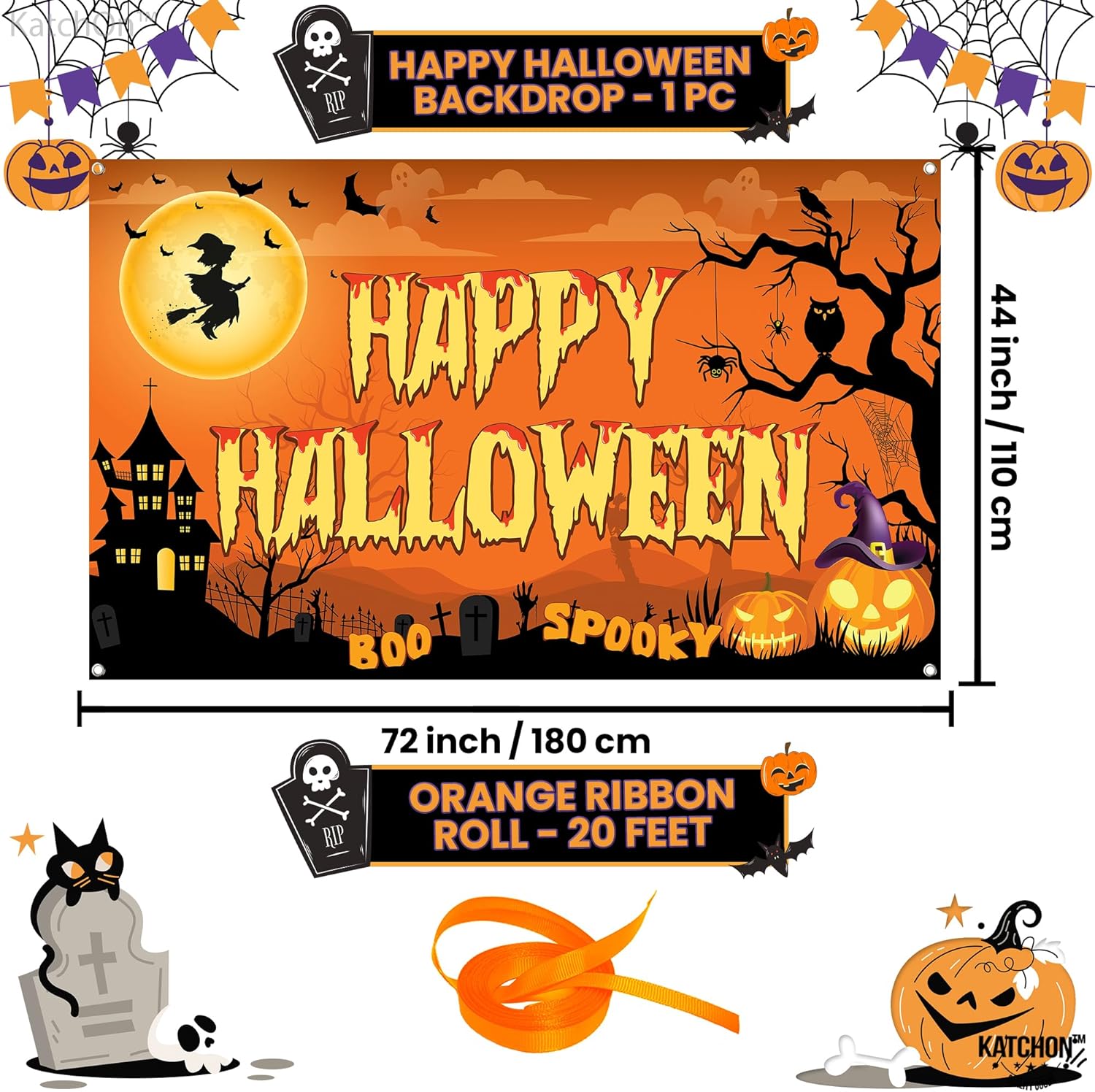 KatchOn Spooky Happy Halloween Banner - XtraLarge, 72x44 Inch | Orange Halloween Photo Backdrop for Decorations & Photography | Pumpkin, Boo Party Decoration | Halloween Birthday Party Decorations