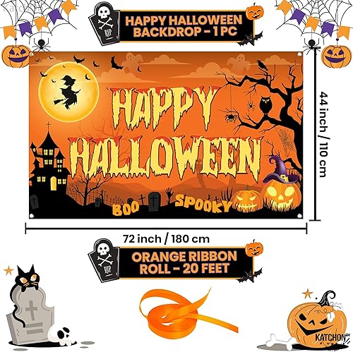 Miniatura 2 de KatchOn Pancarta espeluznante de Feliz Halloween, extragrande, 72 x 44 pulgadas, telón de fondo naranja de fotos de Halloween para decoraciones y