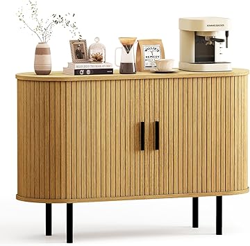 Kucreiheat 47" Fluted Sideboard Buffet Cabinet Mid Century Modern Accent Cabinet-Tambour Credenza Console Table w/Sliding Doors & Adjustable Shelvesfor Kitchen, Entryway, Living Room, Dining Room