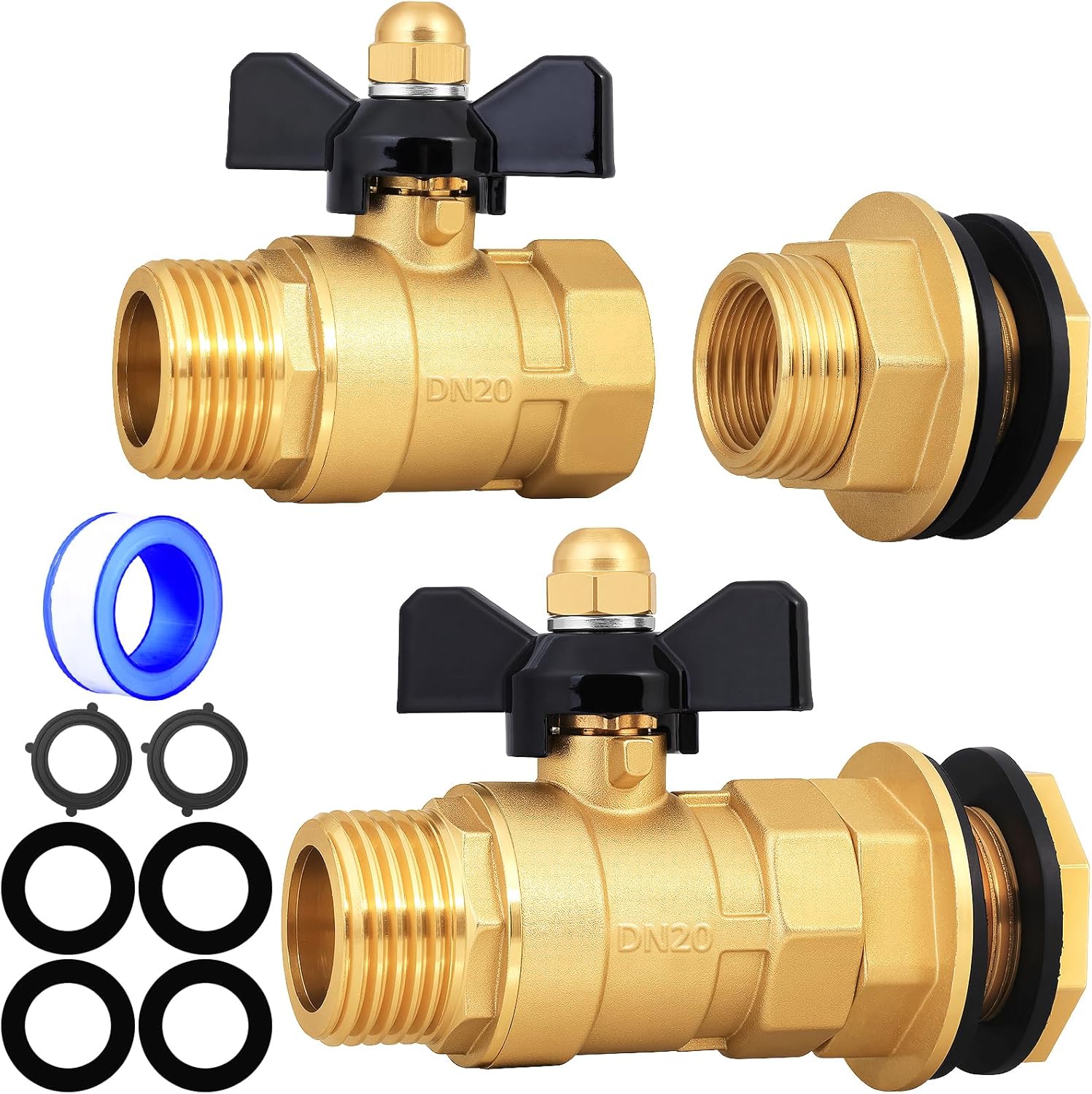 Brass Rain Barrel Spigot Kit,1/2" Female & 3/4" GHT Male Bulkhead Valve with 3/4" GHT Full Flow Shut Off Faucet for Outdoor Plastic Buckets,Water Barrel,Rainwater Drums,Gallon Containers (ZT-2Pack)