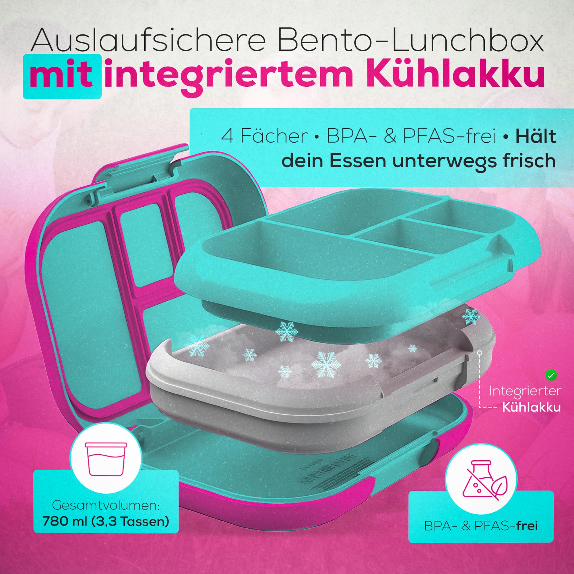 Boîte à bento étanche à 4 compartiments avec pack de glace intégré, capacité de 3,3 tasses sans PFAS et BPA, passe au micro-ondes et au lave-vaisselle. Taille idéale