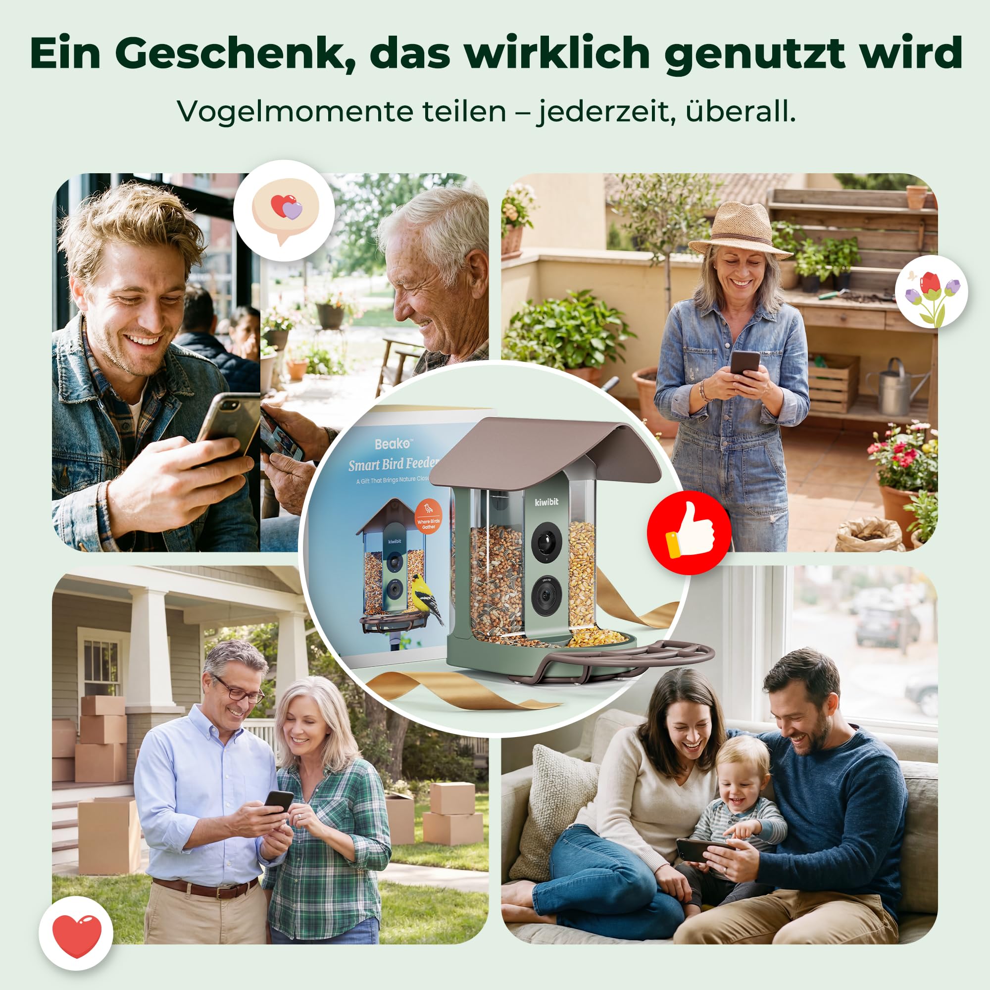 Kiwibit Smart Vogelhaus, 4K Kamera, KI-Erkennung ohne ABO, Mit Solarpanel | Live-Ansicht, KI-Vogelerkennung ohne Abo, Echtzeit-Alarm, 8MP Fotos und Nachtsicht