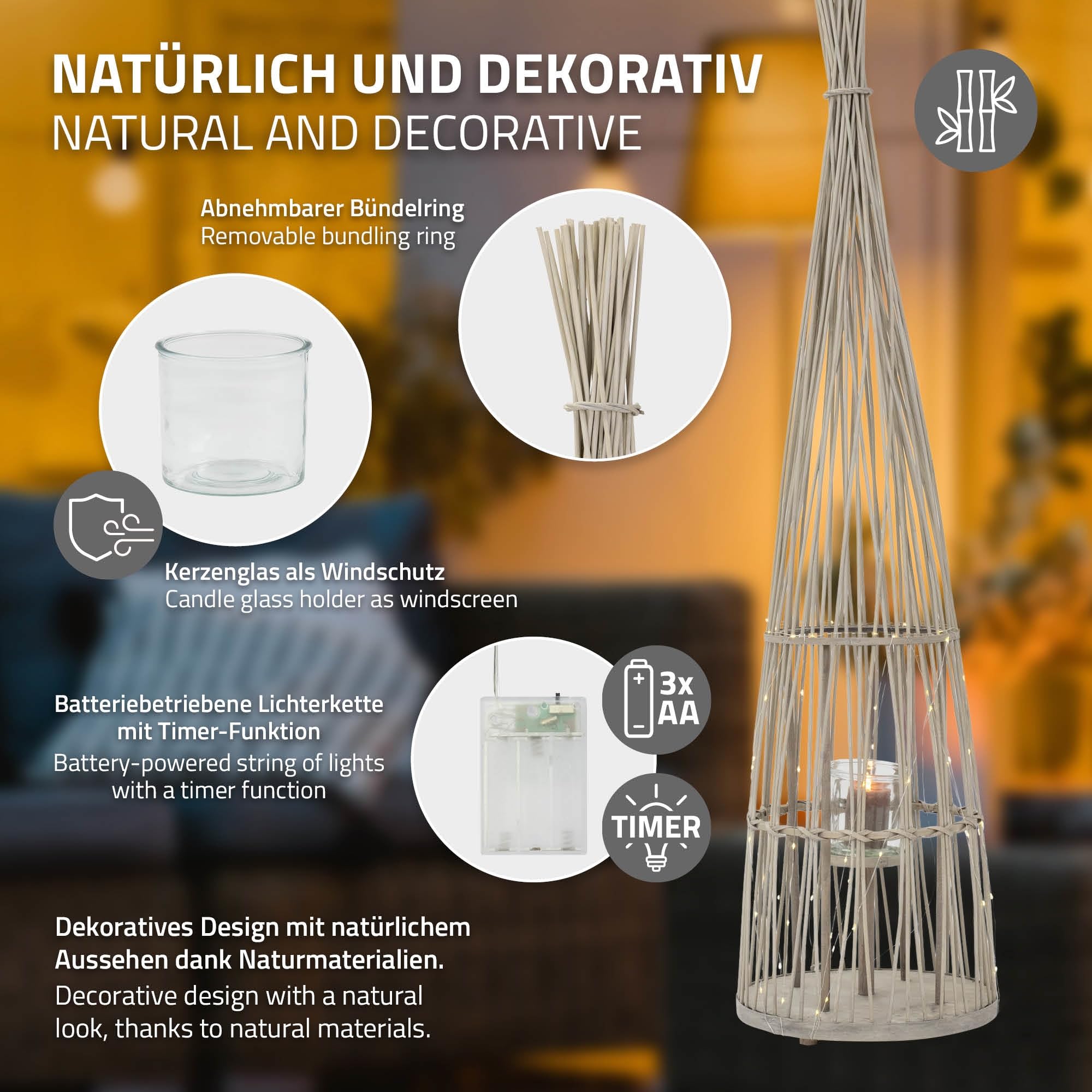 ECD Germany Bambus Laterne, Windlicht 150 cm, Holzfarbe, Gartenlaterne mit LED Lichterkette & Glaseinsatz, Boho Bambuslaterne Kerzenhalter Flechtoptik Innen/Außen, Deko Laterne für Terrasse Wohnzimmer