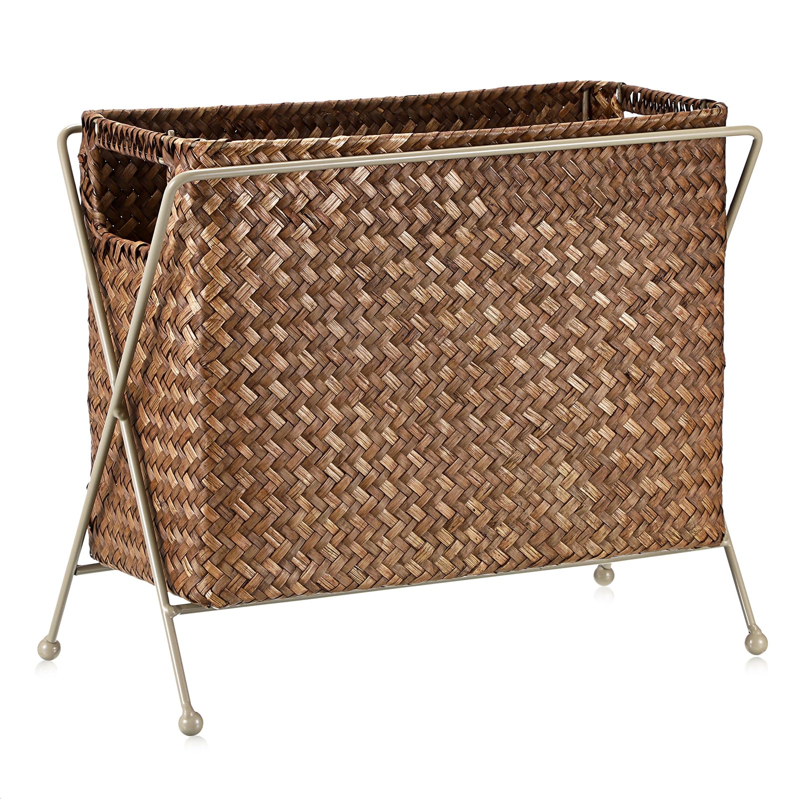 BSTKEY Revistero de hierba marina natural con asas, soporte rectangular de mimbre para periódicos, organizador de documentos con marco de metal para oficina, baño, sala de estar