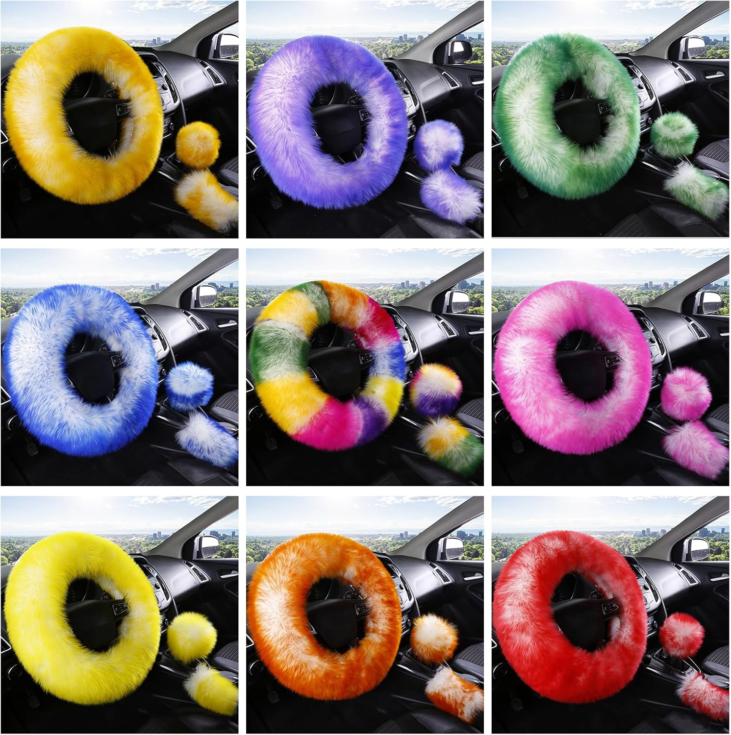 Car Steering Wheel Cover Gear Shift Handbrake Fluffy Cover for Women/Ladies Pure Wool Universal Fit 15 Inch 1 Set 3 Pcs (Colorful)