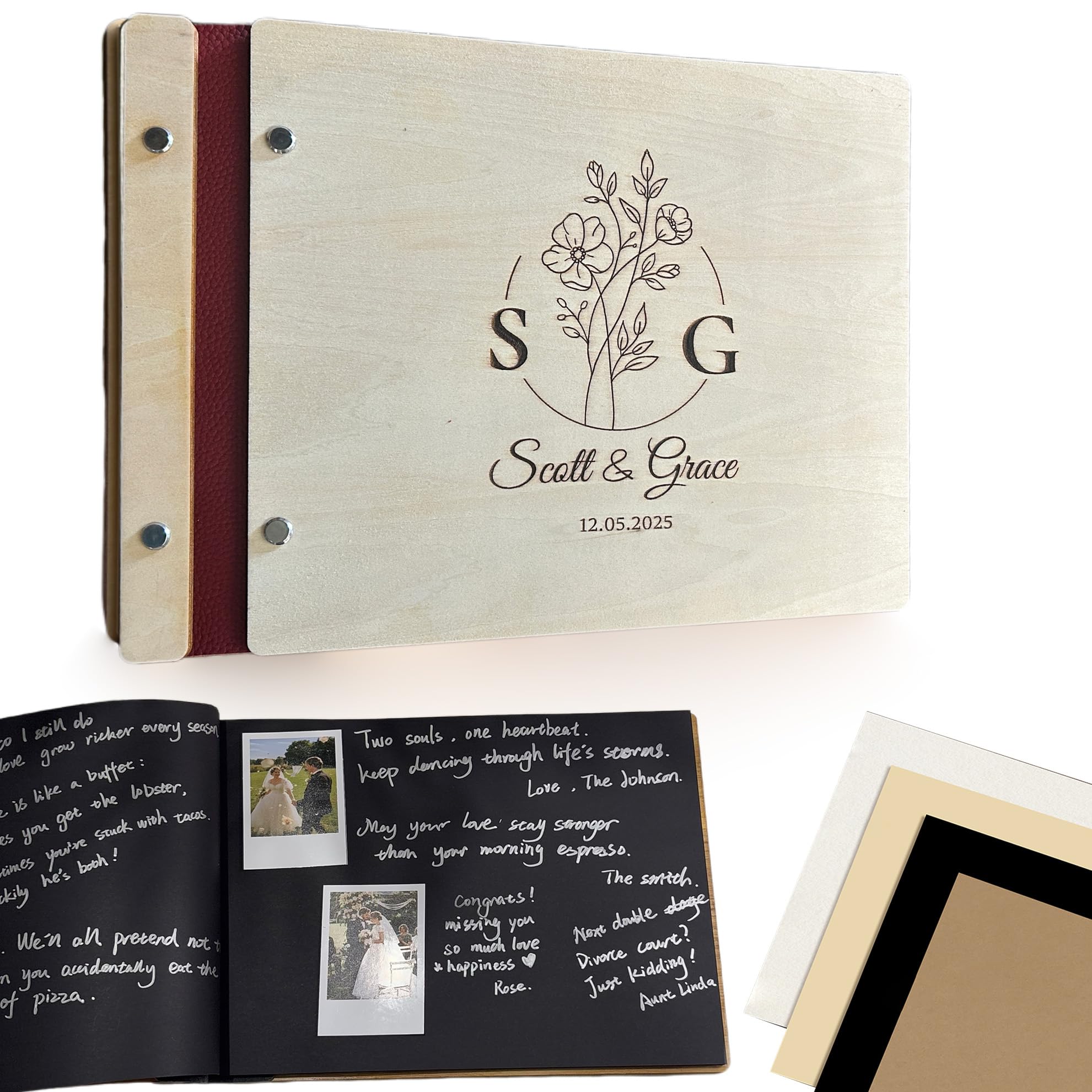 Guest Book Notebook - Wooden Cover with Customizable Design & Text for Wedding, Baby Shower - Premium Signature Book (Natural, A4)