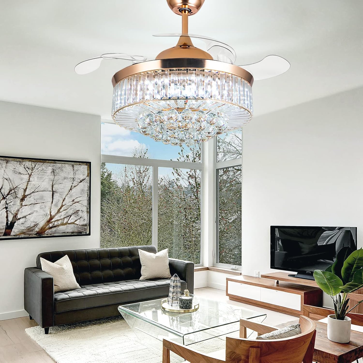 ONELLH Gold Crystal Ceiling Fan with Light and Remote Control, Modern Chandelier Fan with Retractable Blade 3 Speed 3 Light for Living room Bedroom 42 Inch (OL58)