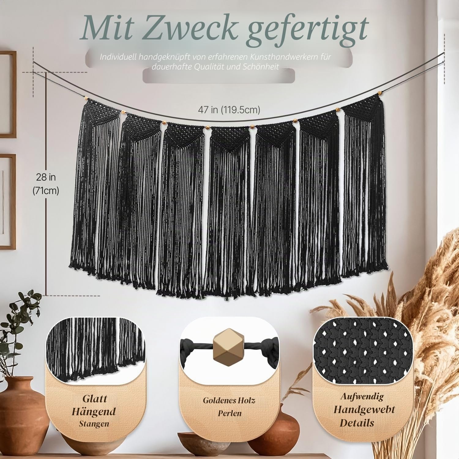 Flexzion Makramee Wandbehang 120 x 72 cm, Woven Wanddeko Boho Deko Wandteppich Vorhang Baumwolle Gewebte, Große Böhmische Tapisserie Wohndekorationen für Hochzeit Schlafzimmer Wohnzimmer - Schwarz|