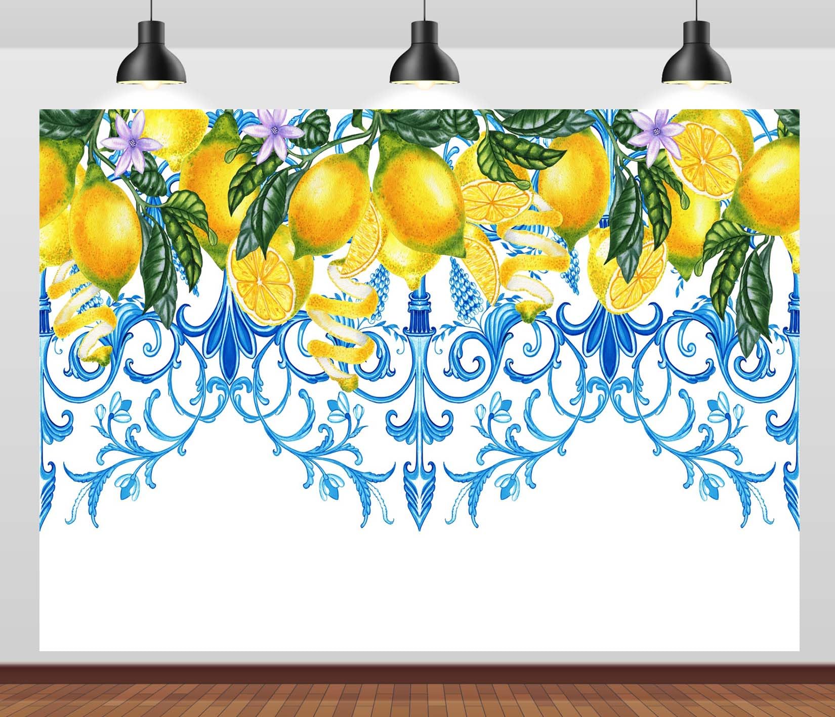 BELECO 3x2.5m Fotohintergrund Stoff Blaue Fliesen Zitrone Sizilianische Majolika Aquarell Zitronen Mittelmeer Hintergrund Sommer Party Banner Fotostudio Zubehör