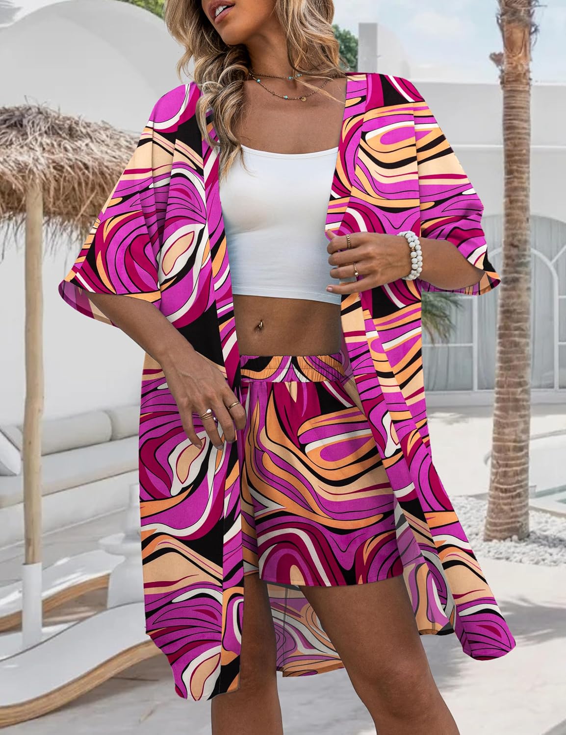 REDHOTYPE Womens Vacation Outfits Hawaiian Style 2 Piece Sets Long Cover Ups Half Sleeve Shorts Set Beach Dresses（S-XL）