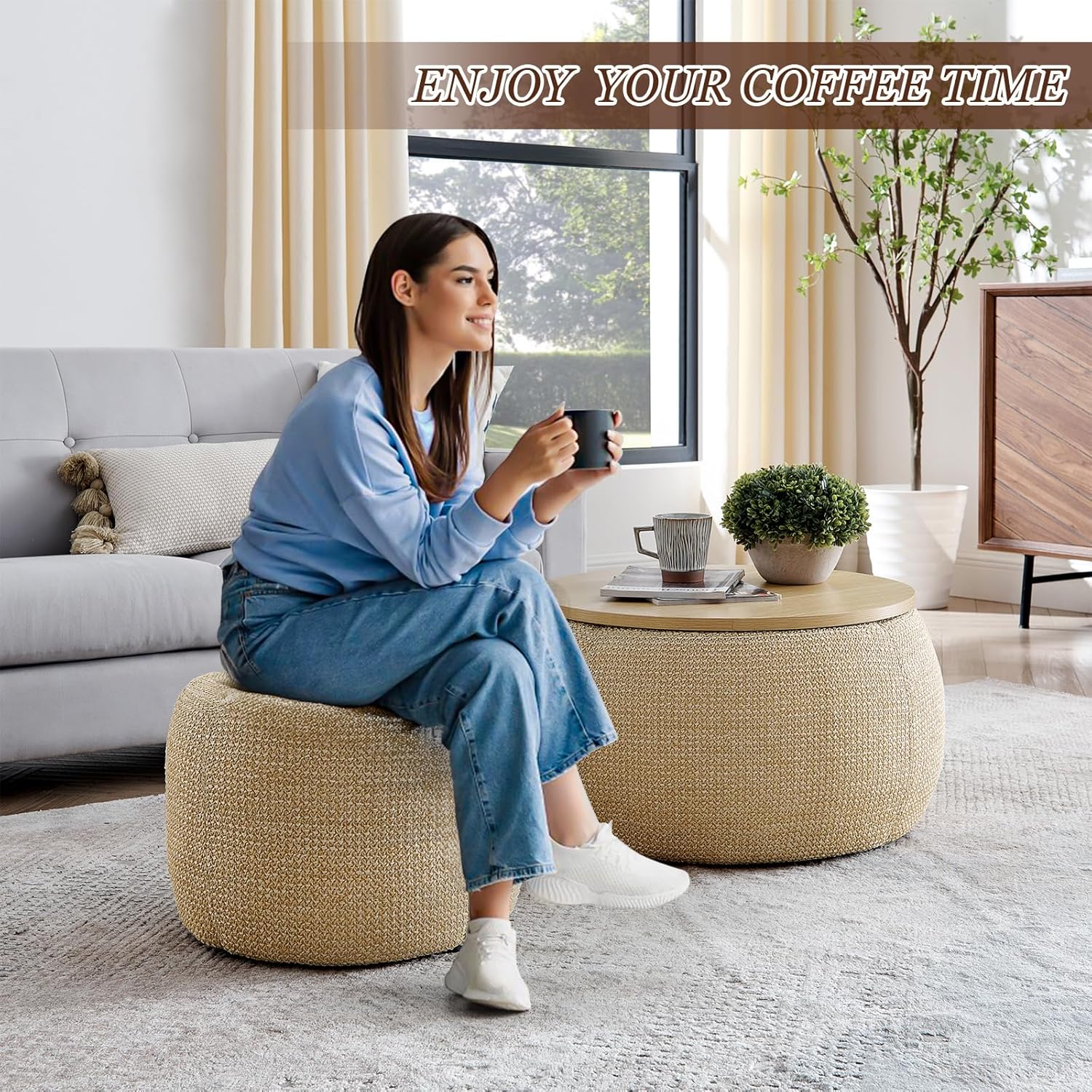 TTK Round Ottoman with Storage Set of 2, 25" Large Upholstered Storage Ottoman Set Coffee Table with Removable Wood Tray, Modern Circle Foot Stool Padded Bench Ottomans for Living Room (Natural)