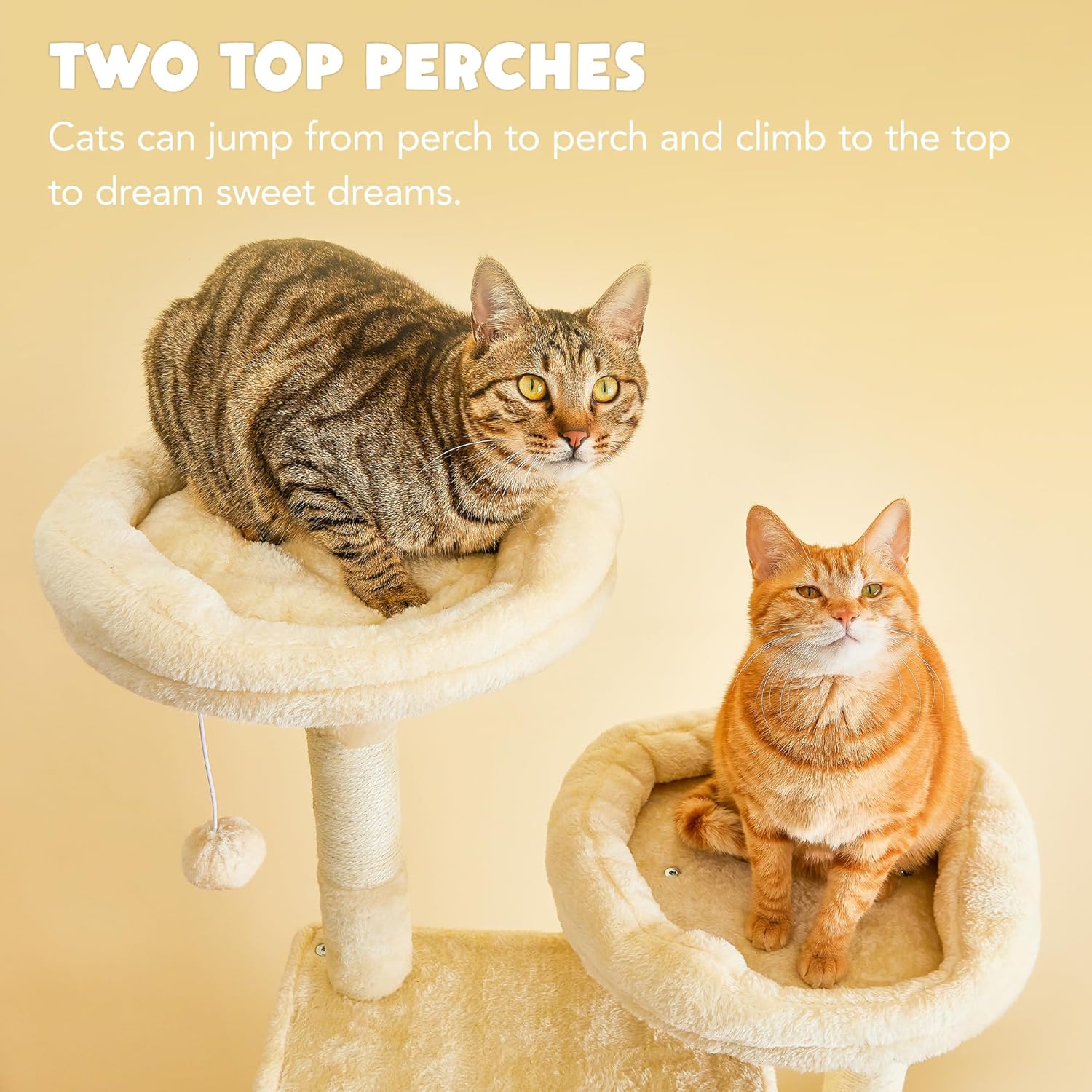 Cat Tree for Indoor Cats - 63in Multi-Level Large Cat Tower with 2 Big Cat Condos, 2 Padded Perches, Hammock, 6 Sisal-Covered Scratching Post and Toys for Kittens Pet Play House, Beige