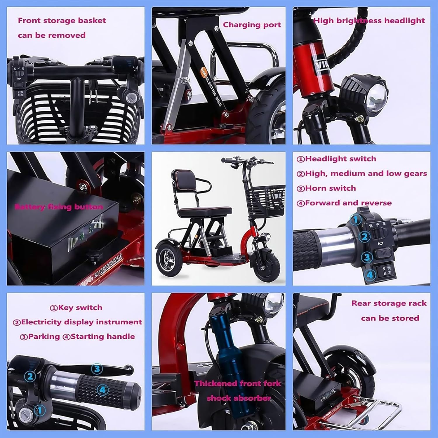 Générique Scooter de mobilité à 3 Roues Pliable léger avec Phares LED et Panier Scooters de mobilité Pliables Idéal pour Les Personnes âgées et handicapées