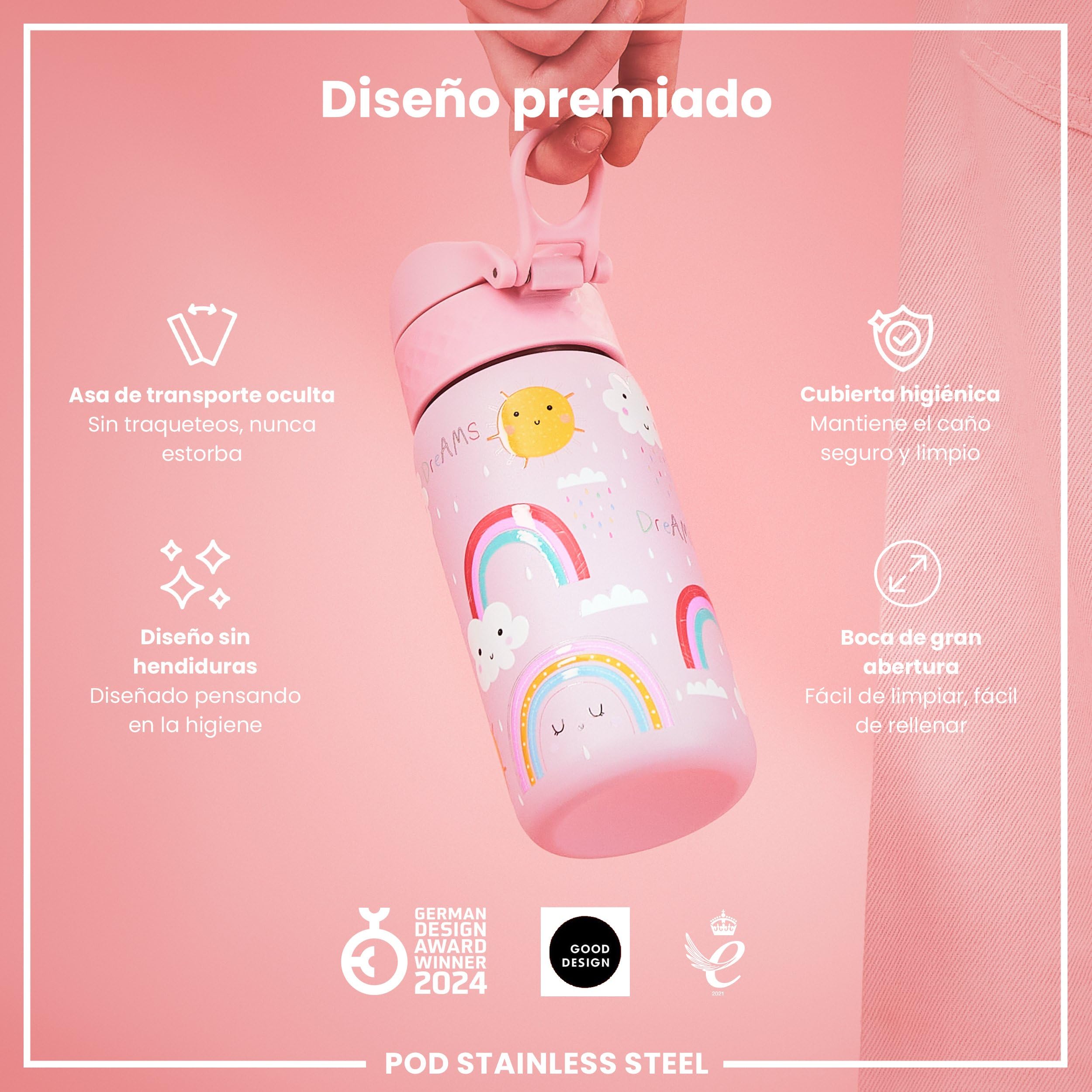 ion8 Botella Agua Inox Ligero para Niños, 400ml, Sin Aislamiento, a Prueba de Fugas, Fácil de Abrir, Cerradura Segura, Apta para Lavavajillas, Tapa Abatible, Fácil de Limpiar, Arcoíris