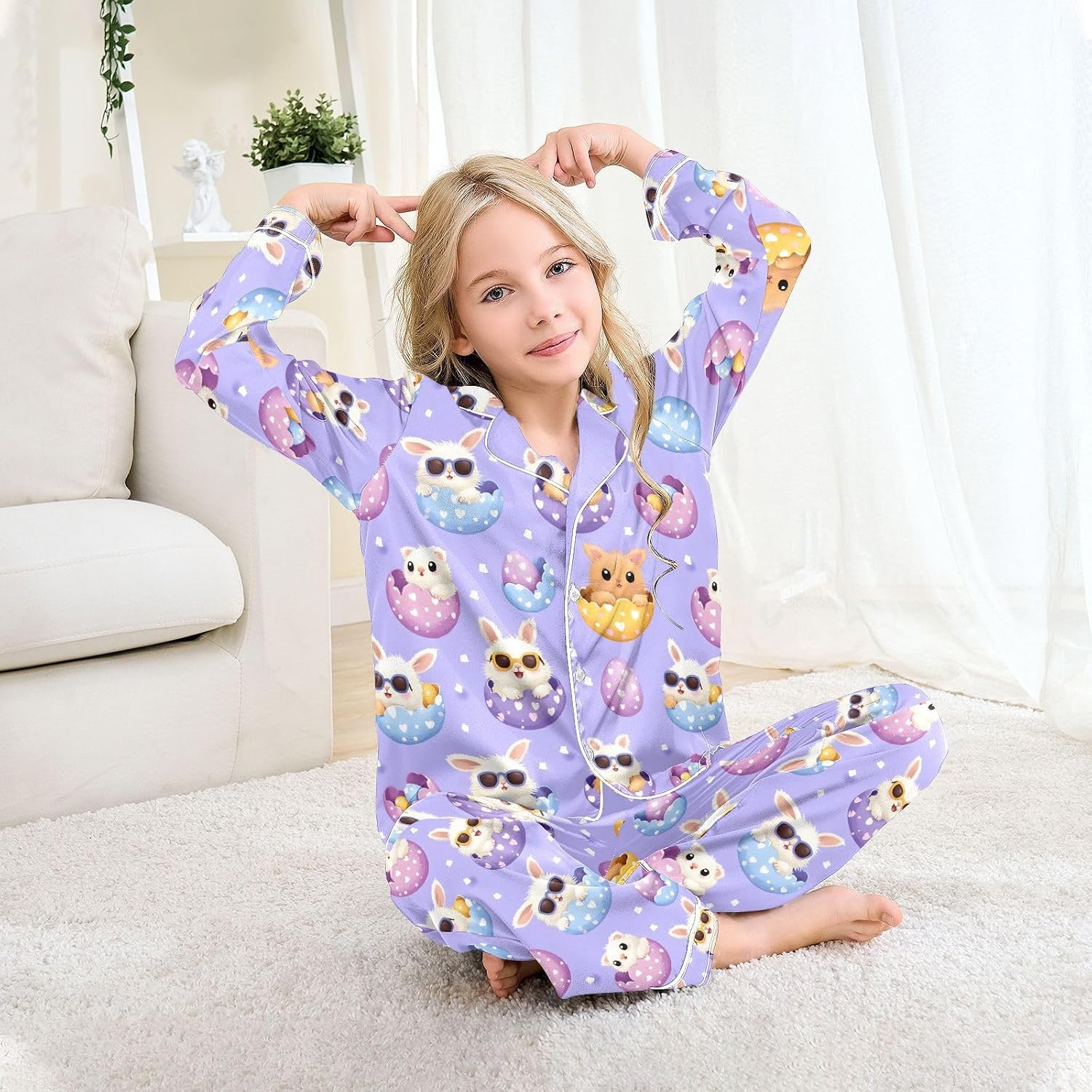 senya Cute Rabbit Egg S Satin Pajama Sets Long Sleeves Nightwear Button Down Sleepwear