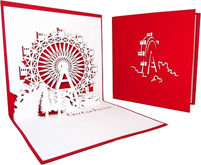 ‘Pop Up Card with German Text “Gutschein (Voucher Ferris Wheel Red/Voucher Travel 3D Invitation, Card, Invitation Card, Anniversary Card, greeting card, Gift Card, Gift Idea, Birthday Card