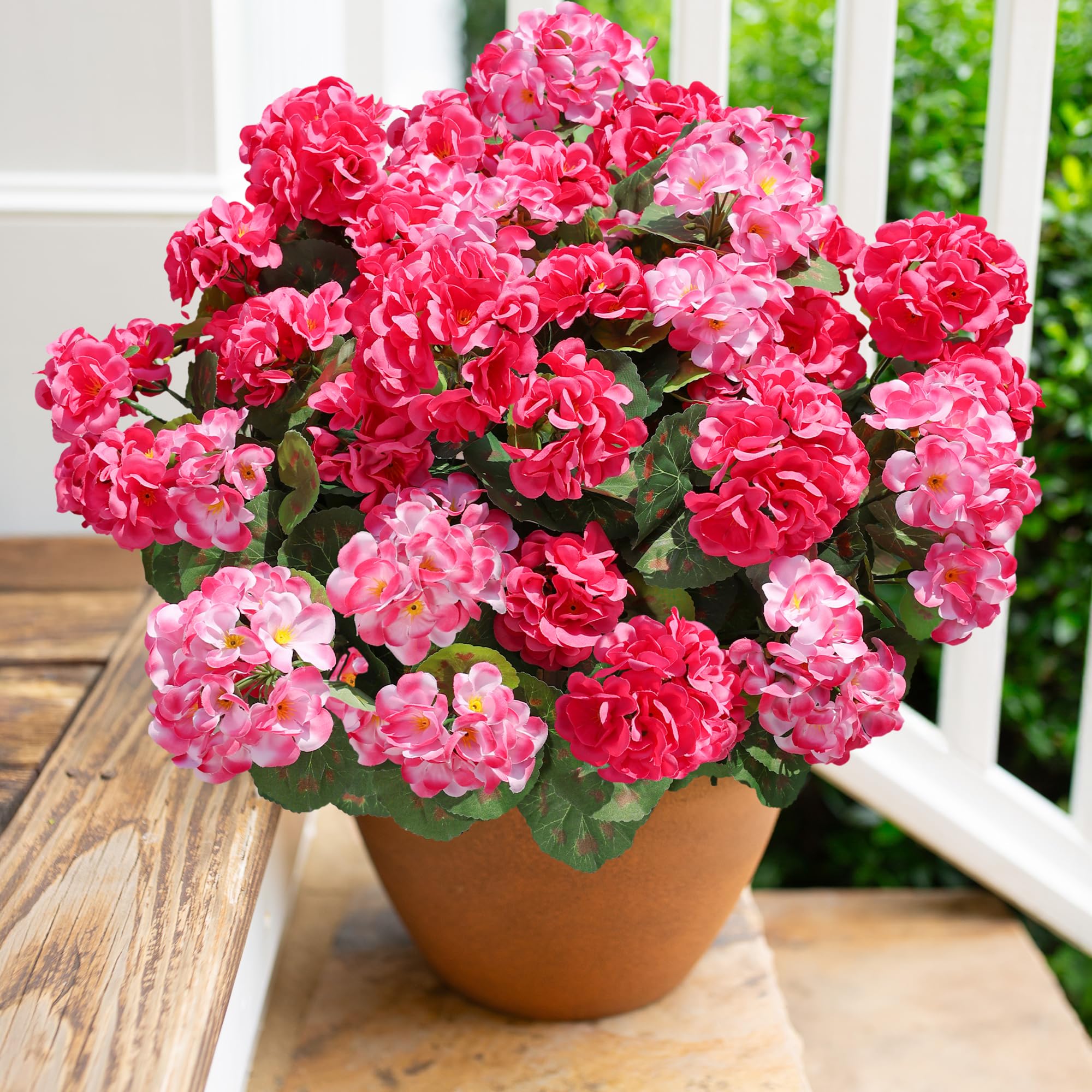 Photo 1 of Artificial Geranium Fake Flowers for Outdoors Decoration, 6 Bundles Silk Geraniums Flower UV Resistant Look Real Faux Plants for Front Door Garden Porch Planter Patio Balcony Yard Indoor Home, Mix