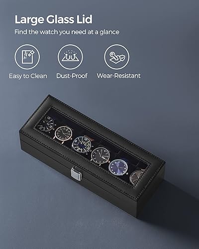Miniatura 4 de SONGMICS Caja de reloj, caja de reloj de 6 ranuras con tapa de vidrio grande, almohadas extraíbles para reloj, organizador de caja de reloj, regalo