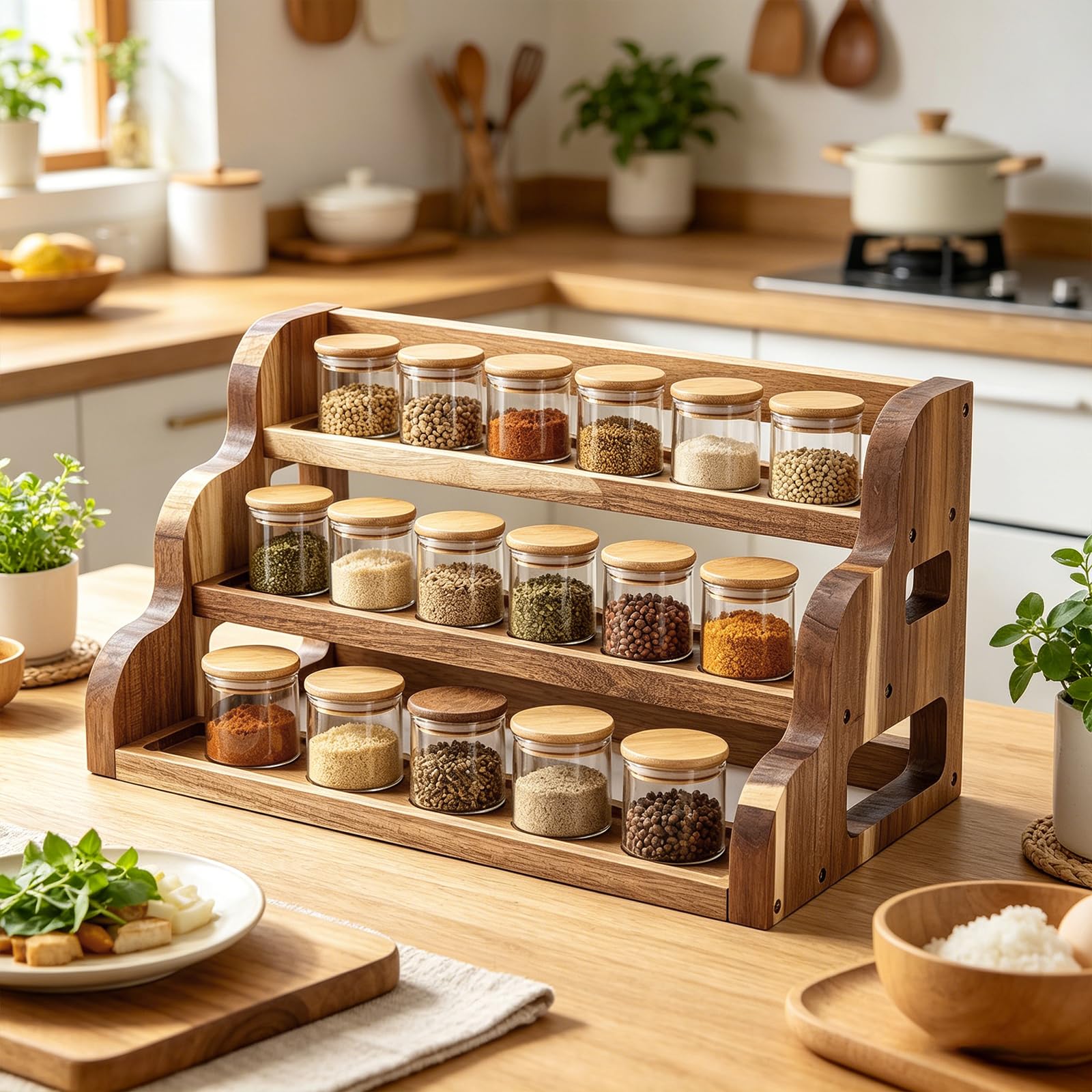 Étagère à épices en bois d'acacia, étagère à épices à 3 étages pour armoire, étagère de rangement en bois pour plan de travail de cuisine ou garde-manger