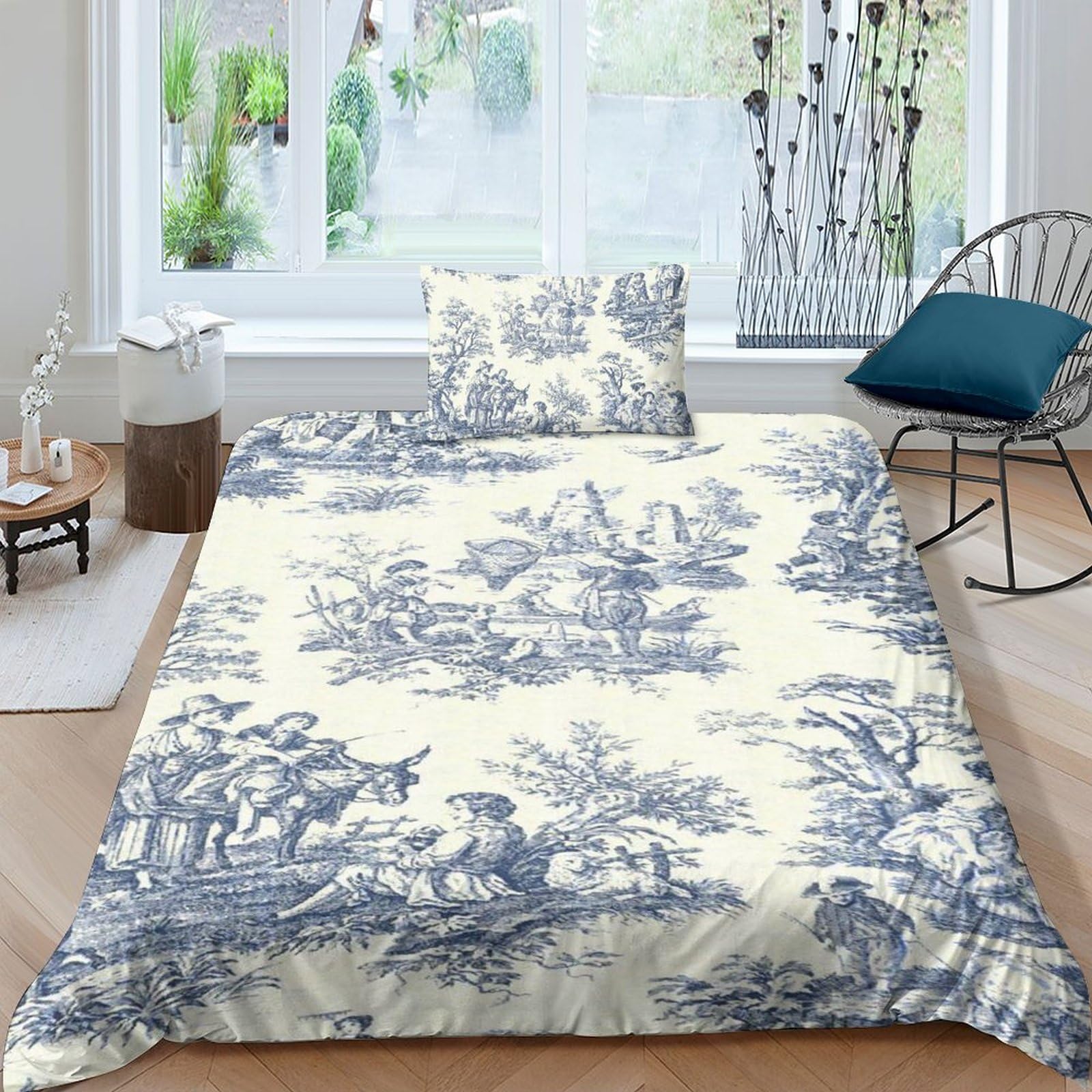 LENTLY Motif of Toile De Jouy 3D Printed Duvet Cover with Pillowcases Bedding Set with Zipper Closure Hypoallergenic Soft Microfiber Quilt Cover Set Single（135x200cm）