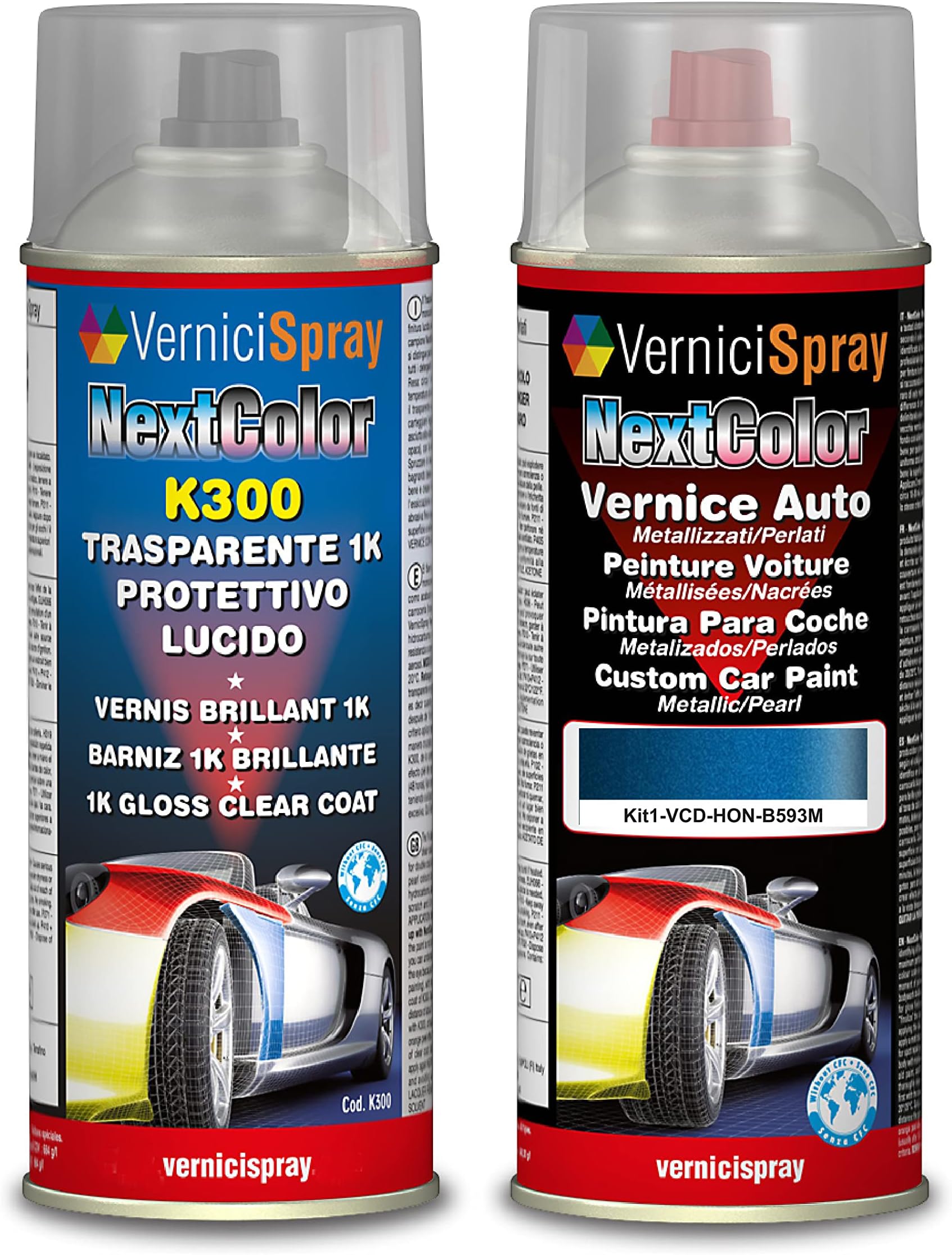 Automotive Touch Up Kit - Car spray paint in metallic/pearl colour B593M SPORTY BLUE MET. and Gloss Clear Coat, 400 ml Spraycans by VerniciSpray