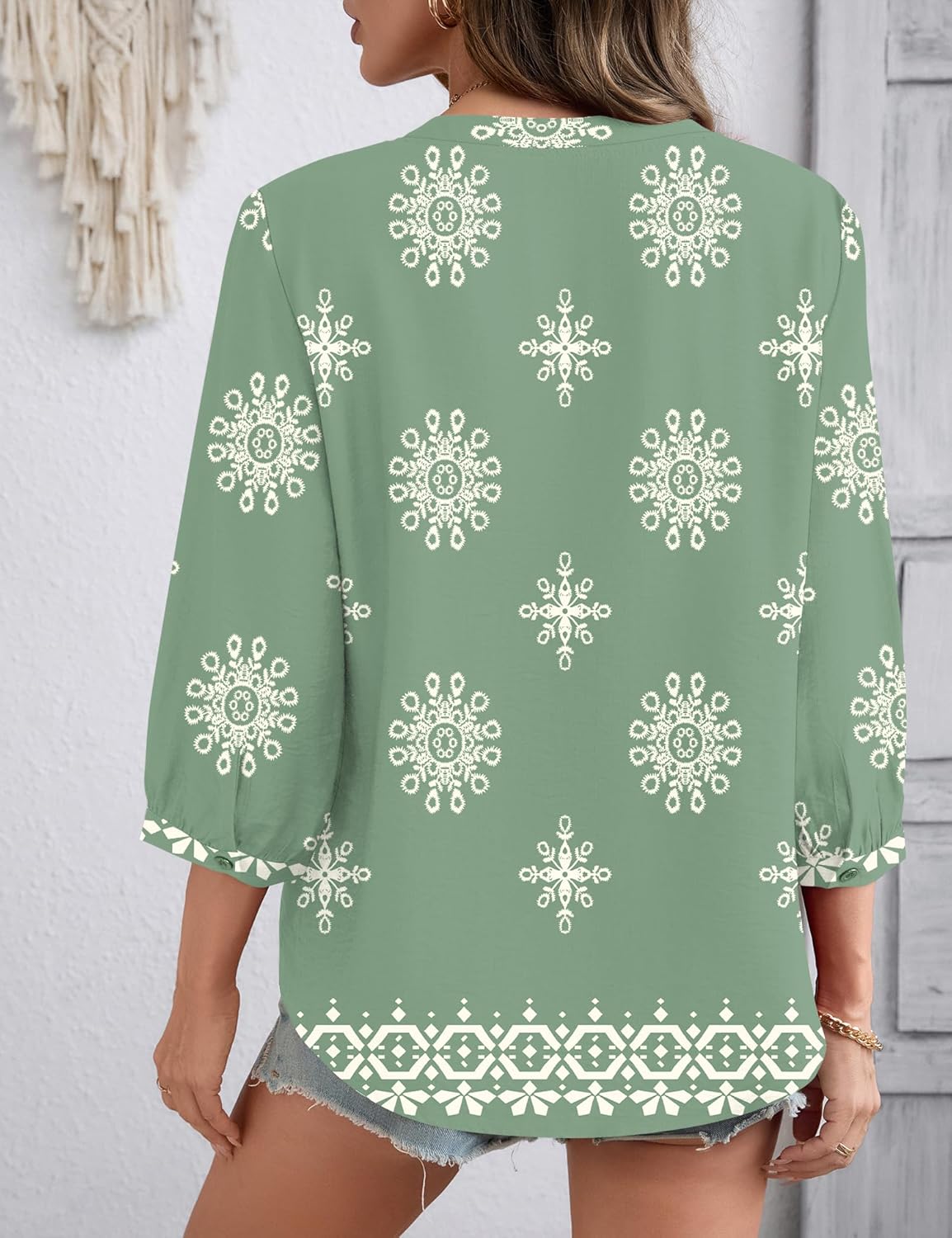 LOMON Womens 3/4 Sleeve V Neck Boho Peasant Blouses Dressy Casual Breathable Soft Tunic Tops with Button Cuffs - Image 5