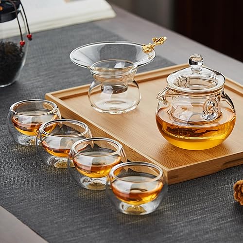 Miniatura 2 de Tazas de tetera de vidrio de doble pared de vidrio de borosilicato, juegos de tetera de vidrio de 9.5 fl oz con juego de 4 mini tazas de
